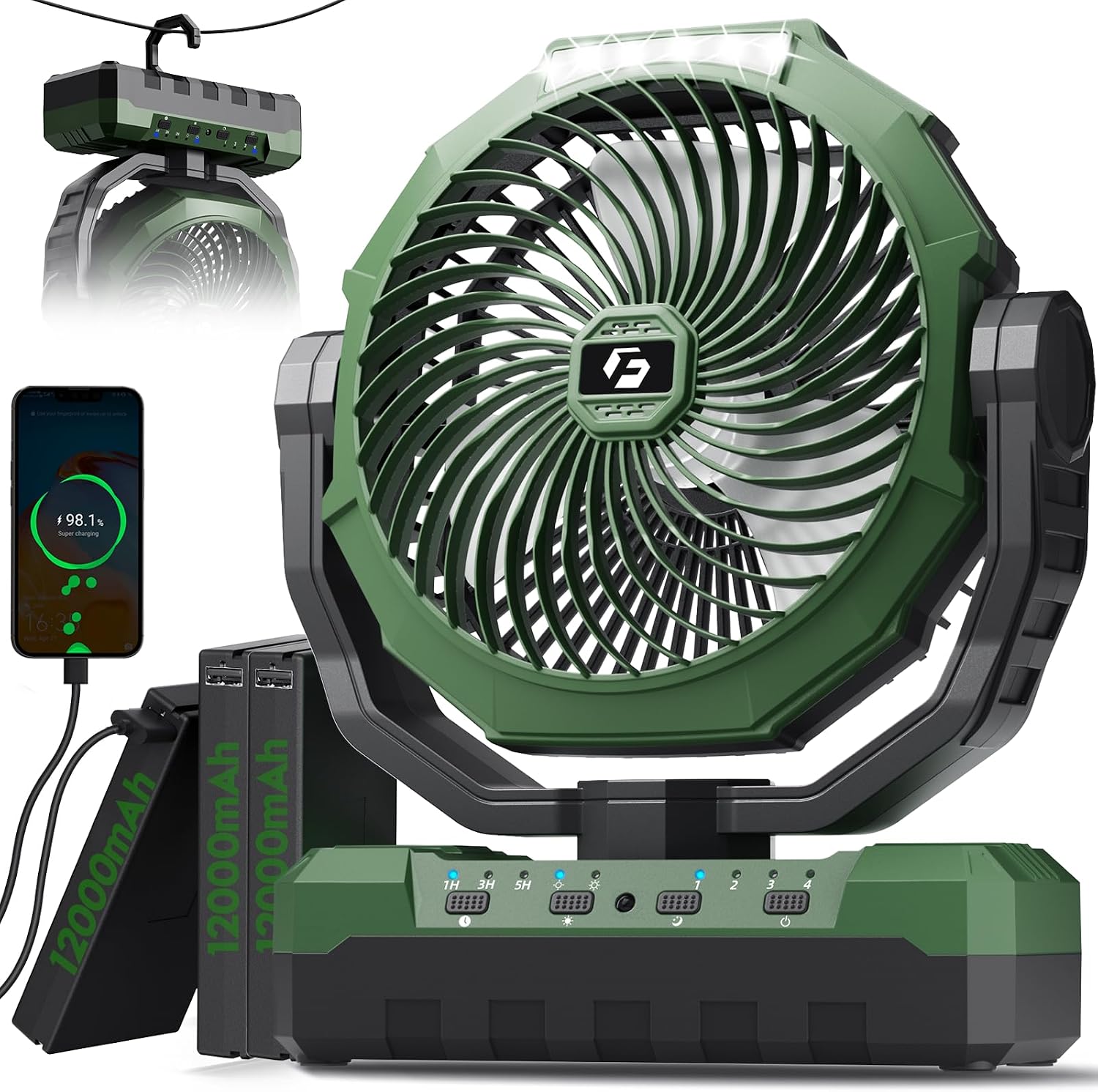 FRIZCOL 3-in-1 Camping Fan - Portable Fans Rechargeable - 36000mAh Detachable Battery Powered Fan with Light & Remote for Indoor, Outdoor, Tent, Travel, Fishing, Jobsite, Gifts for Men Dad Him - Green