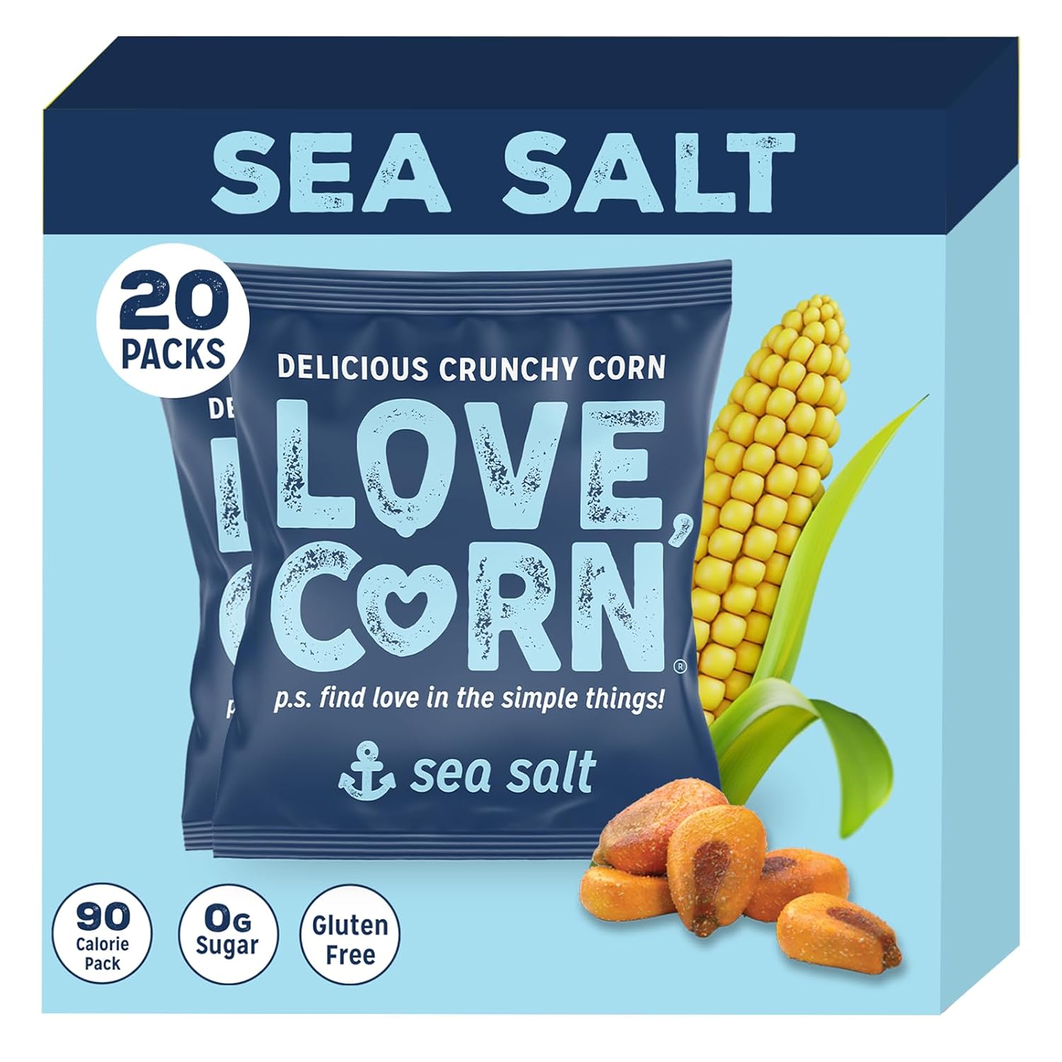 LOVE CORN Sea Salt 0.7oz x 20 Bags - Delicious Crunchy Corn - Healthy Family Snacks - Gluten Free, Kosher, NON-GMO - Alternative for Chips, Nuts, Crackers & Pretzels - Perfect for Charcuterie Boards