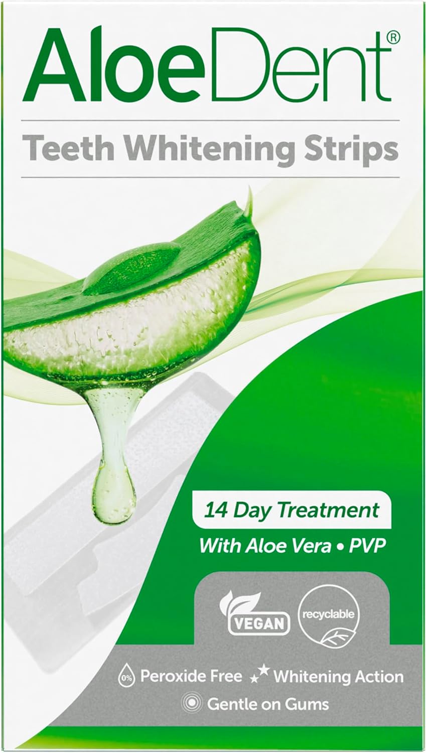 AloeDent Teeth Whitening Strips - Peroxide Free, Removes Stains, Natural Aloe Vera and PVP Formula, Gentle on Gums & Enamel, Sensitivity Free, Vegan, 28 Strips, 14 Day Treatment
