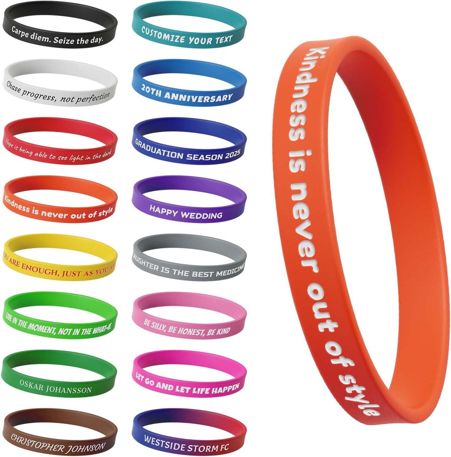 Personalised Silicone Wristbands, Custom Rubber Bracelets, 1-2000 Pcs Bulk Personalised Bracelets with Text for Women Mens Kids for Events, Gifts, Fundraisers, Motivation, Graduate, Birthday Parties