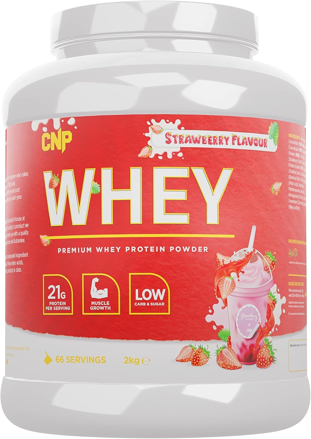 CNP Professional Premium Whey Protein Powder 2kg & 900g, 21g Protein, Low Carb, Easy Digestion, 66/30 Servings, Vegetarian, Halal, 12 Great Flavours (2kg, Strawberry)