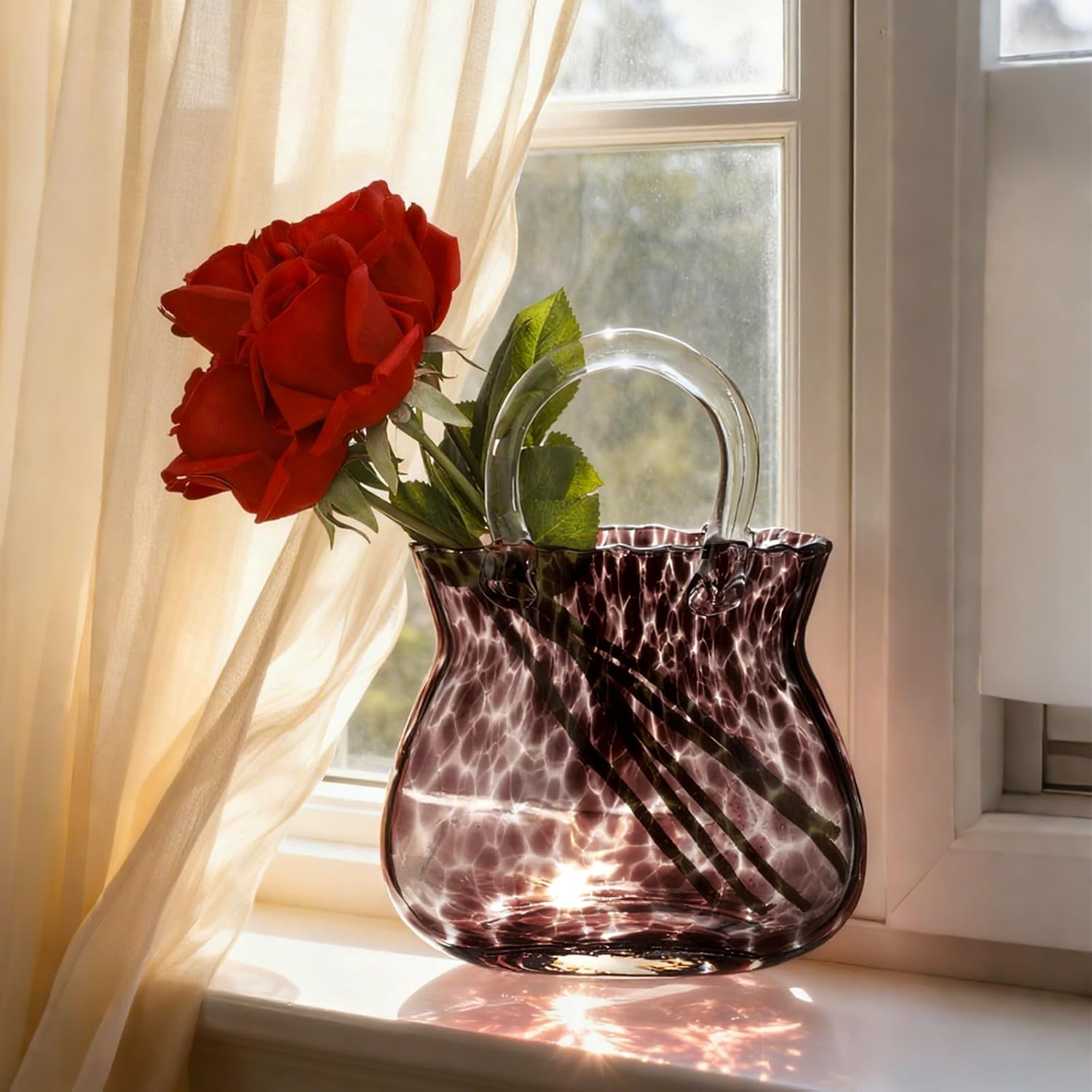 Vesici Amber Purse Vases for Flowers Leopard Glass Bag Vase Brown Tortoise Shell Decor 10 Inch Glass Handbag Decorative Centerpiece for Birthday Wedding Housewarming Gift Home Decor