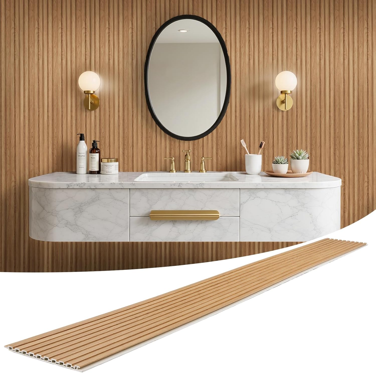 WPC Slat Wall Panels 8 Pack 96" x 8.2", Waterproof Fluted Wall Paneling, Accent 3D Wall Panel for Wall Decor, Bathroom, Bedroom, Office - Widen Low Grille Elm (Cover Approx.44 sq.ft)
