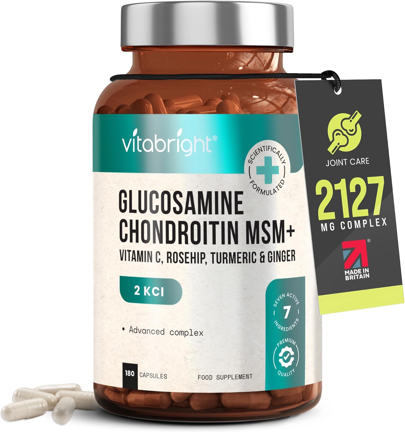 Glucosamine and Chondroitin High Strength & MSM | 2127mg - 180 Capsules | Glucosamine Sulphate Complex with Turmeric, Ginger, Rosehip & VIT C | Joint Care Supplements for Women & Men | VitaBright
