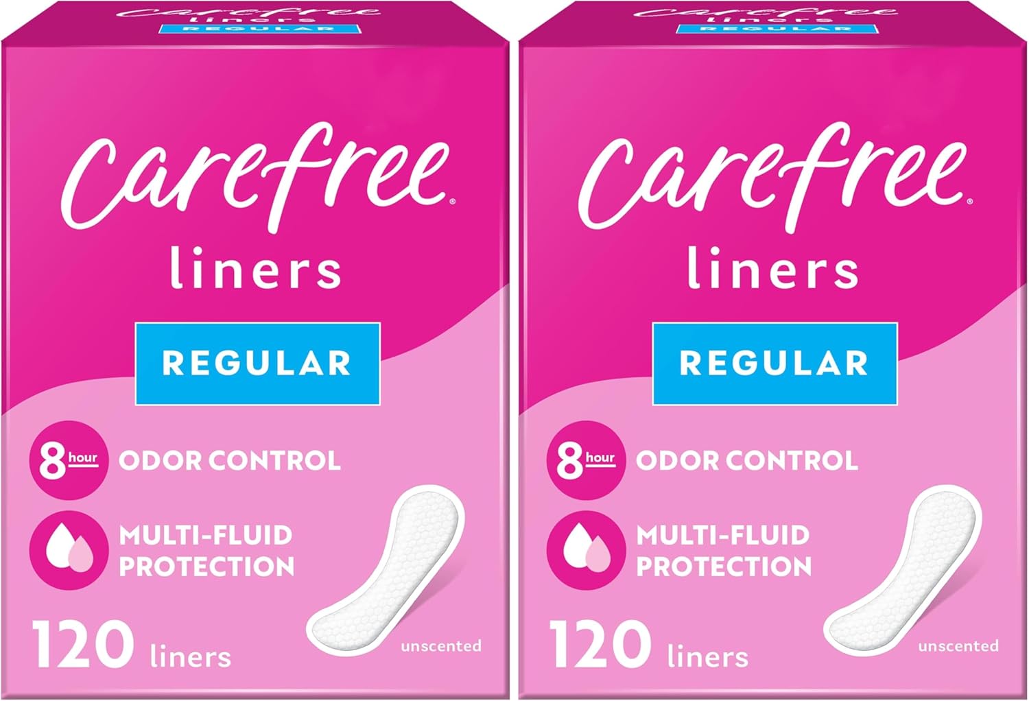 Carefree Panty Liners, 120ct, Pack of 2 | Regular | Unwrapped | Unscented