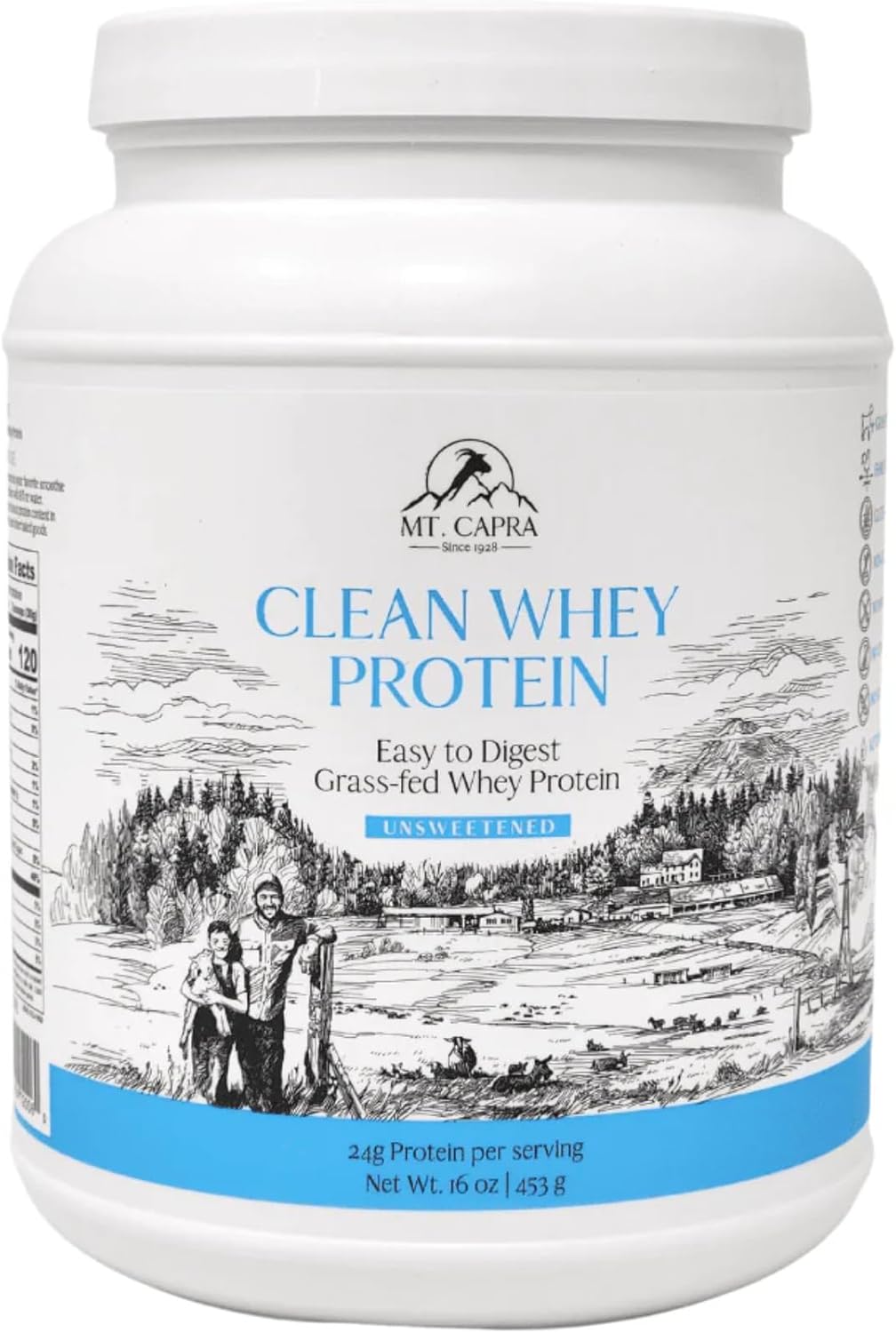 Mt. Capra Clean Whey Protein | Grass-Fed Undenatured Goat Whey Protein Powder | 24 g Protein Per Serving, All Natural, Non-GMO, High in Branch Chain Amino Acids | Unsweetened | 15 Servings - 16 oz