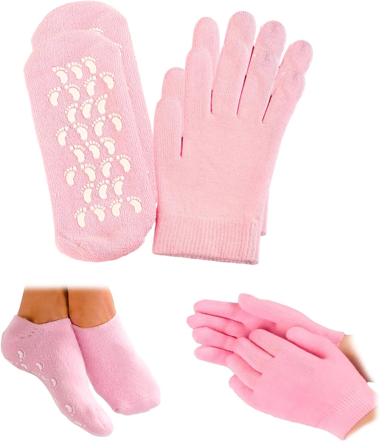 4Pcs Foot Moisturiser Gel Socks with Gel Gloves Silicone Pedicure Moisturizing Socks and Women Dry Hands Beauty Effective in Repair Softening Dry and Chapped Hands and Feet Skin Care-Pink