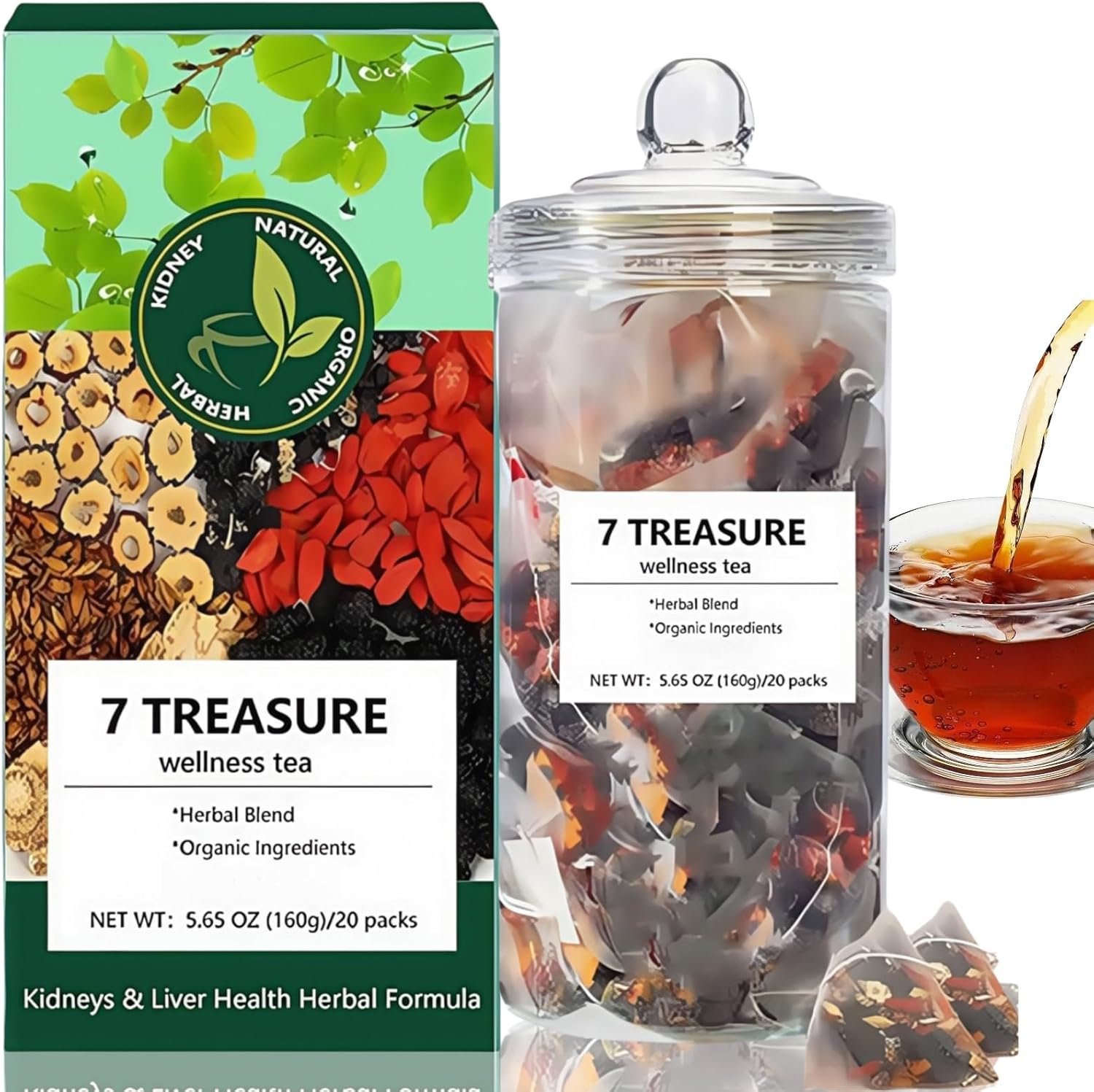7 Treasure Wellness Tea,Formula Ginseng Seven Treasure Tea Bags,Natural Organic Ki/dney Cleanse,Natural Chinese Li/ver Care Teas,Li/ver&Ki/dney Tea,Clean and Nourish Health,Smooth and Smooth Taste