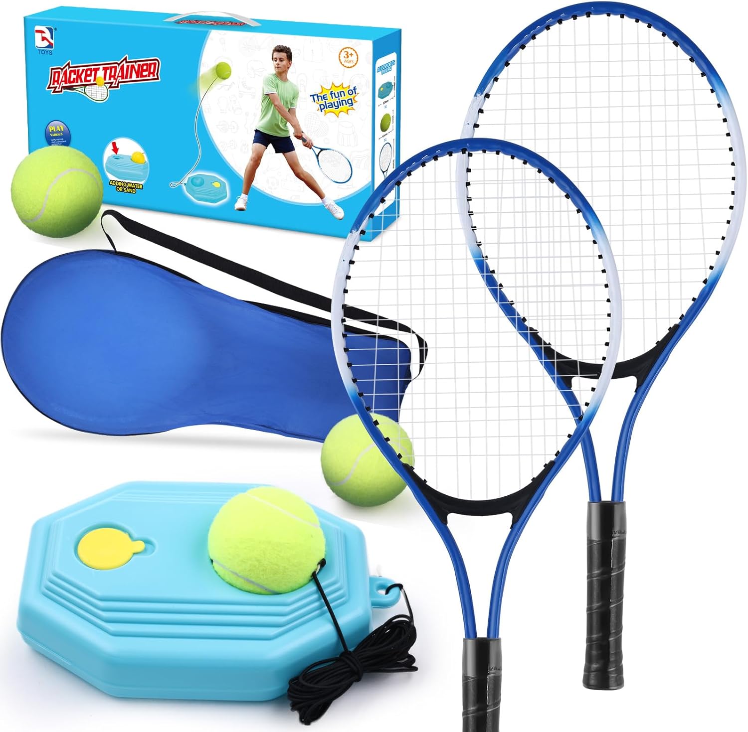 Kids Tennis Rackets Training Set - 7-in-1 Youth Tennis Racket Set, 2 pcs 19″ Rackets,1Tennis Trainer & 2Rebound Balls&1tennis Ball,Tennis Racquet Set for Beginners & Family Activities