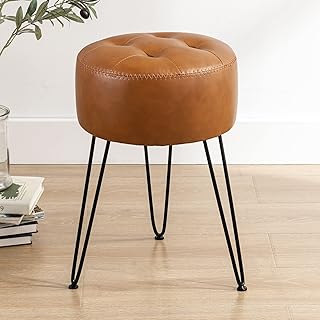 LUE BONA Faux Leather Vanity Stool Chair for Makeup Room，Brown Stool for Vanity, 19” Height, Tufted Small Vanity Chair Stool with Metal Legs, Modern Foot Stool Ottoman for Bedroom, Living Room