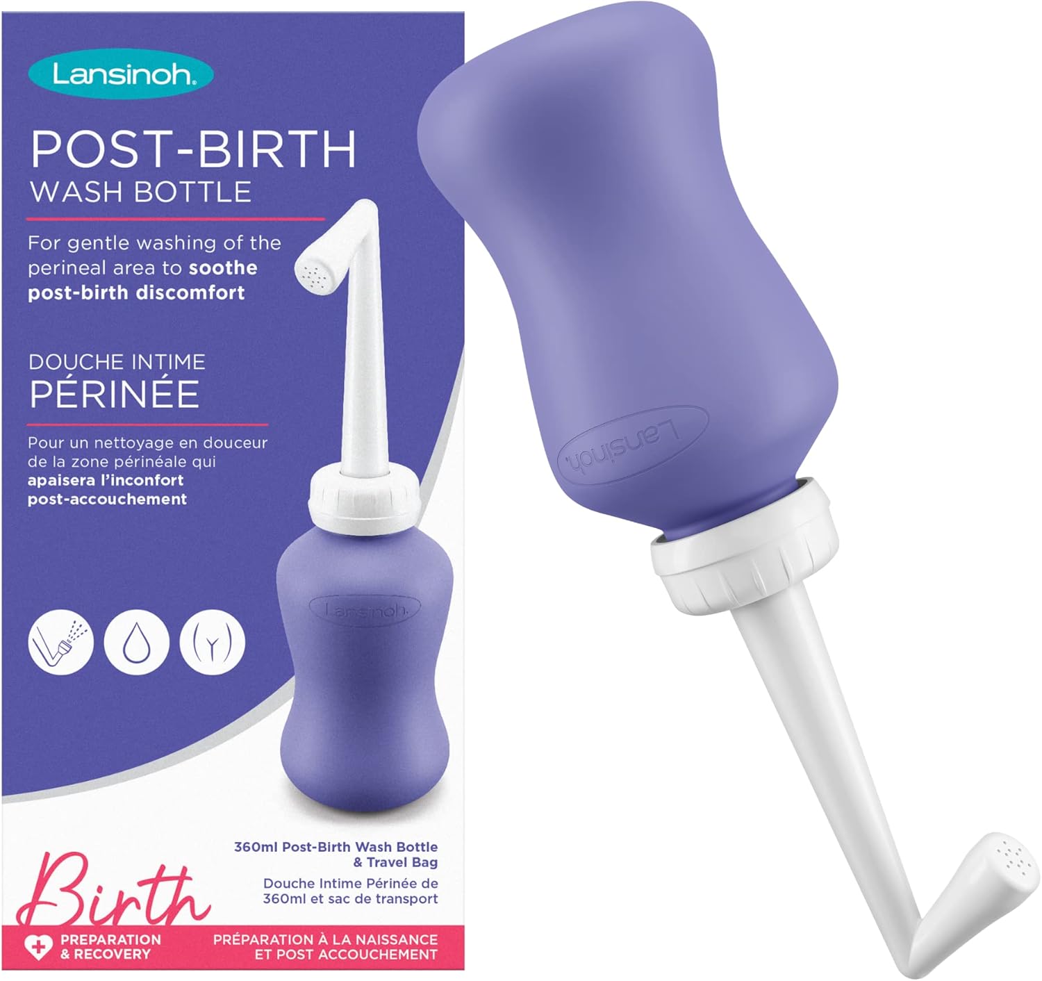Lansinoh Peri Bottle 360ml - Postpartum Recovery Post-birth Wash Bottle + Travel Bag - Portable Bidet