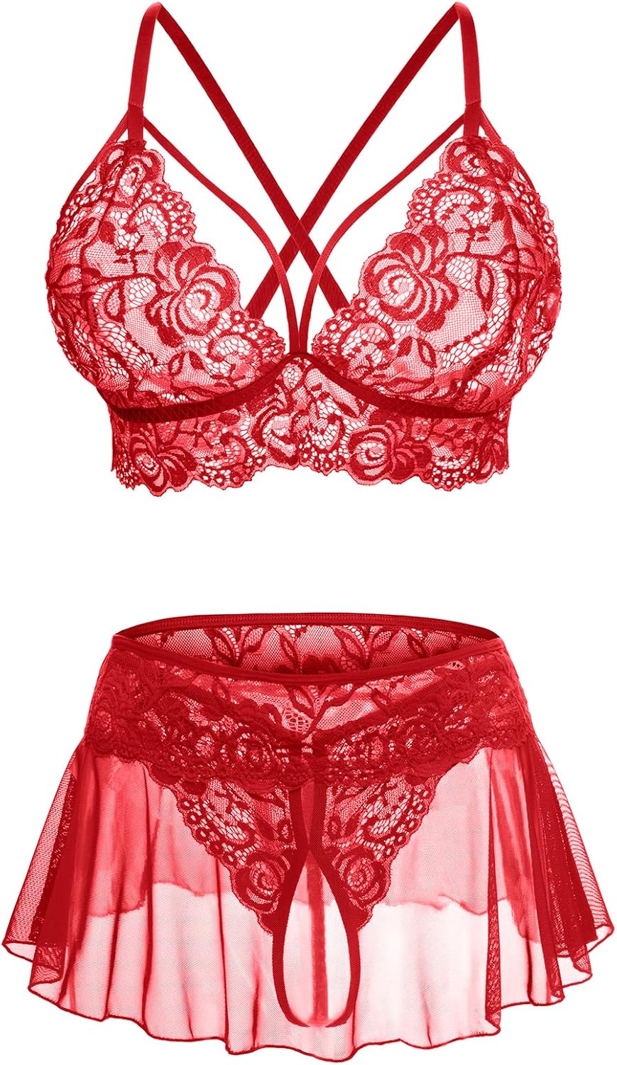 Sexy Lingerie for Women Naughty 3 Piece Lace Bralette, Mini Skirt with G-String Crotchless Lingerie Outfits