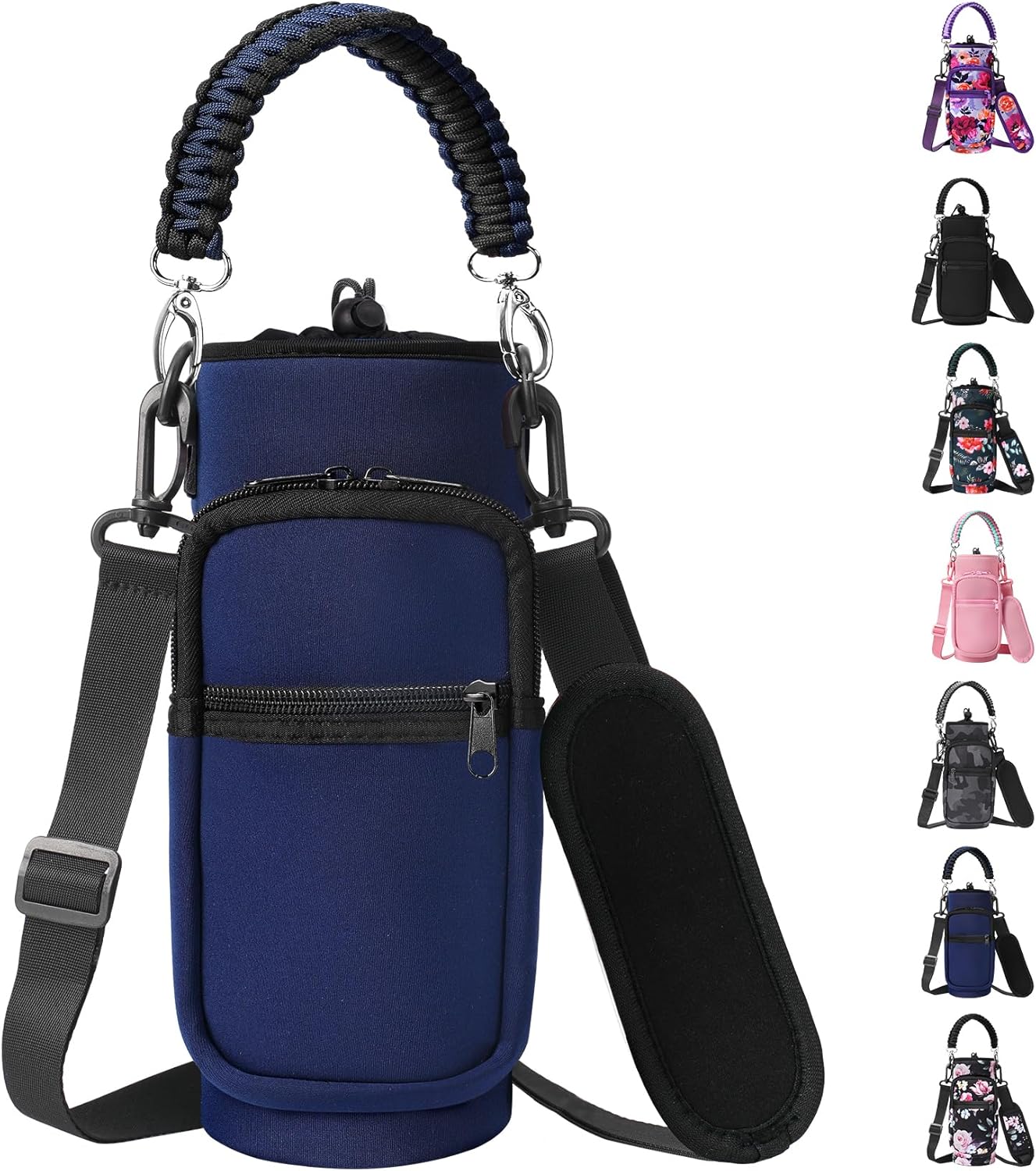 32/40/64/128 oz Neoprene Insulated Water Bottle Carrier Bag, Sling Bag Sleeve Pouch Holder with Strap & Paracord Handle and 2 Pocket for Travelling, Hiking, Camping