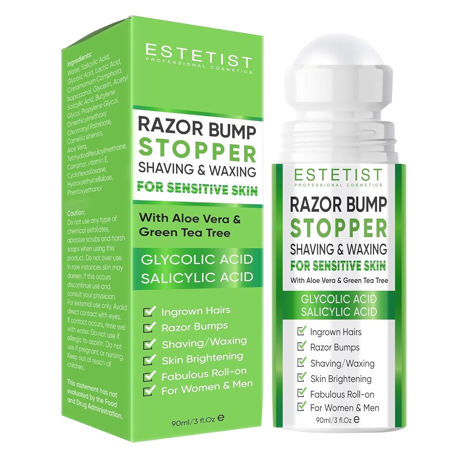 ESTETIST Razor Bump Stopper for Sensitive Tend Skin, Dark Spot Remover Roll-On Treatment, Ingrown Hair Solution with Aloe Vera and Tea Tree Oil, Soothing After Shave Skin Care Serum for Women and Men