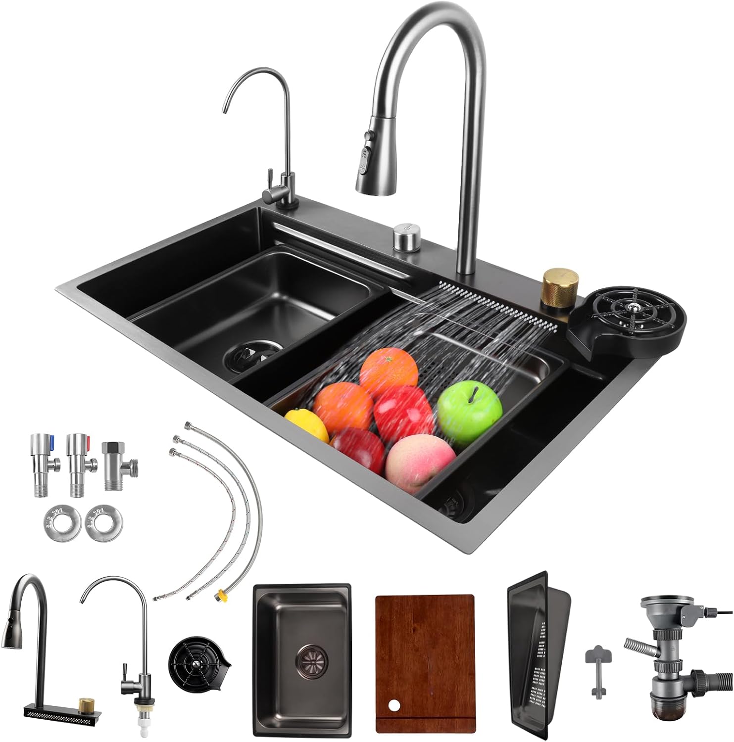 Fulgutonit Waterfall Kitchen Sink, Multifunctional Smart Kitchensink with Waterfall Faucet, Grey & Black Kitchen Sink Unit with Cup Rinser & 4 Spray Modes, 75x46CM