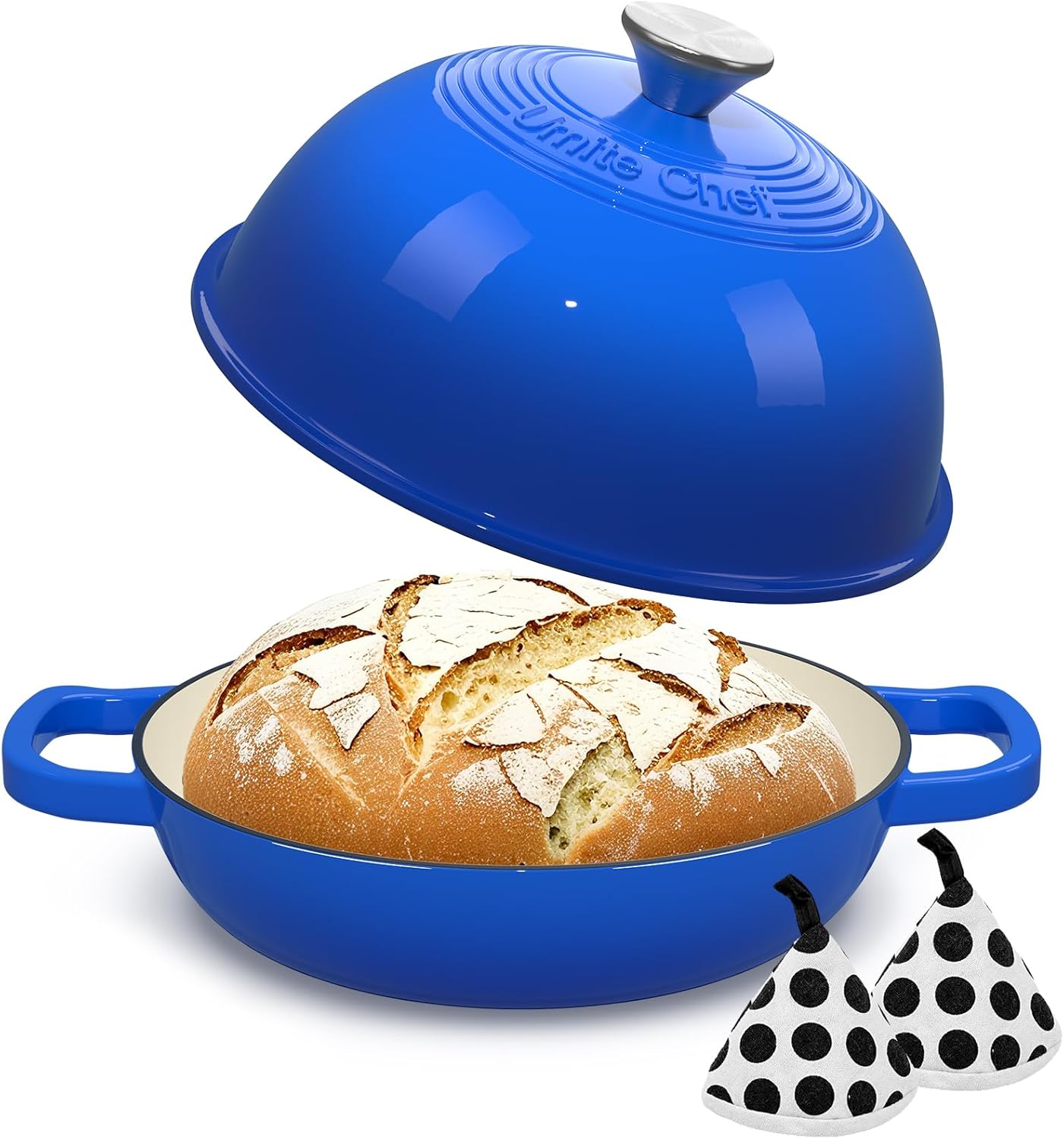 Enamelled Cast Iron Dutch Oven Pot – Dutch Oven Pot with Lid For Sourdough Bread Baking – Cast Iron Bread Oven – Dark Blue, Umite Chef 6QT Pot with Lid & Cotton Potholders