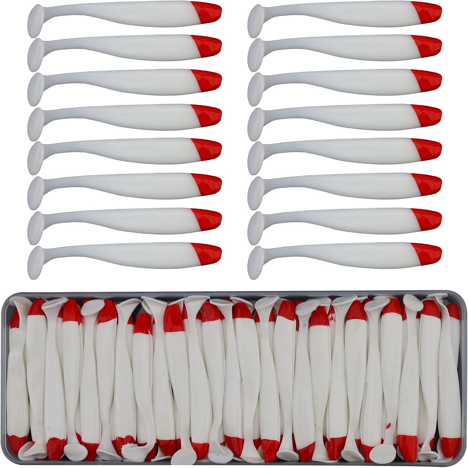 Funzhan 50Pcs Soft Lures Swimbaits Fishing Bass Plastic Paddle Tail Luya Bait Portable Box Proven Colors for Trout Salmon Redfish Freshwater Saltwater