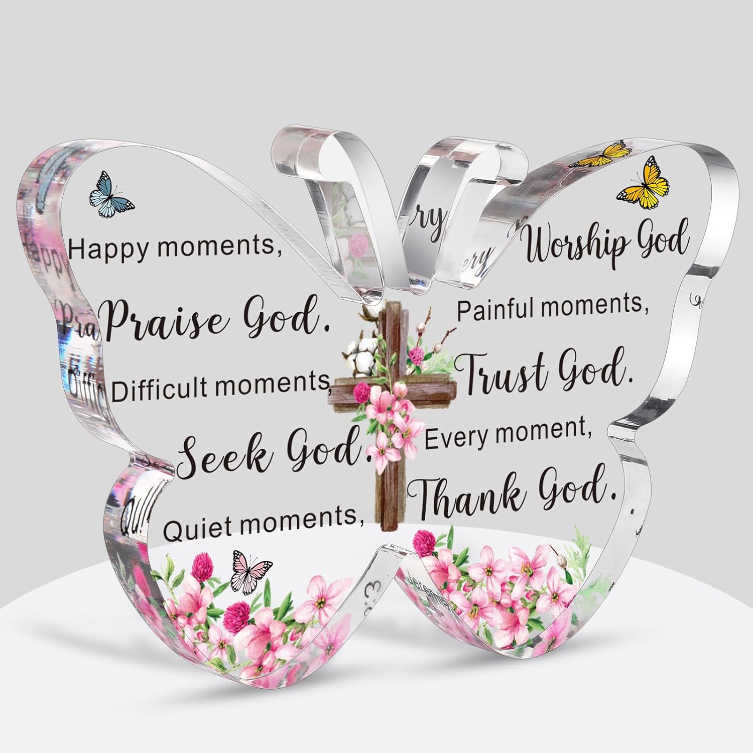 Barydat Acrylic Christian Gifts Bible Verses Religious Gifts for Women Men Inspirational Scripture Butterfly Prayer Room Decor Faith Keepsake Paperweights for Christmas Home (Praise God)