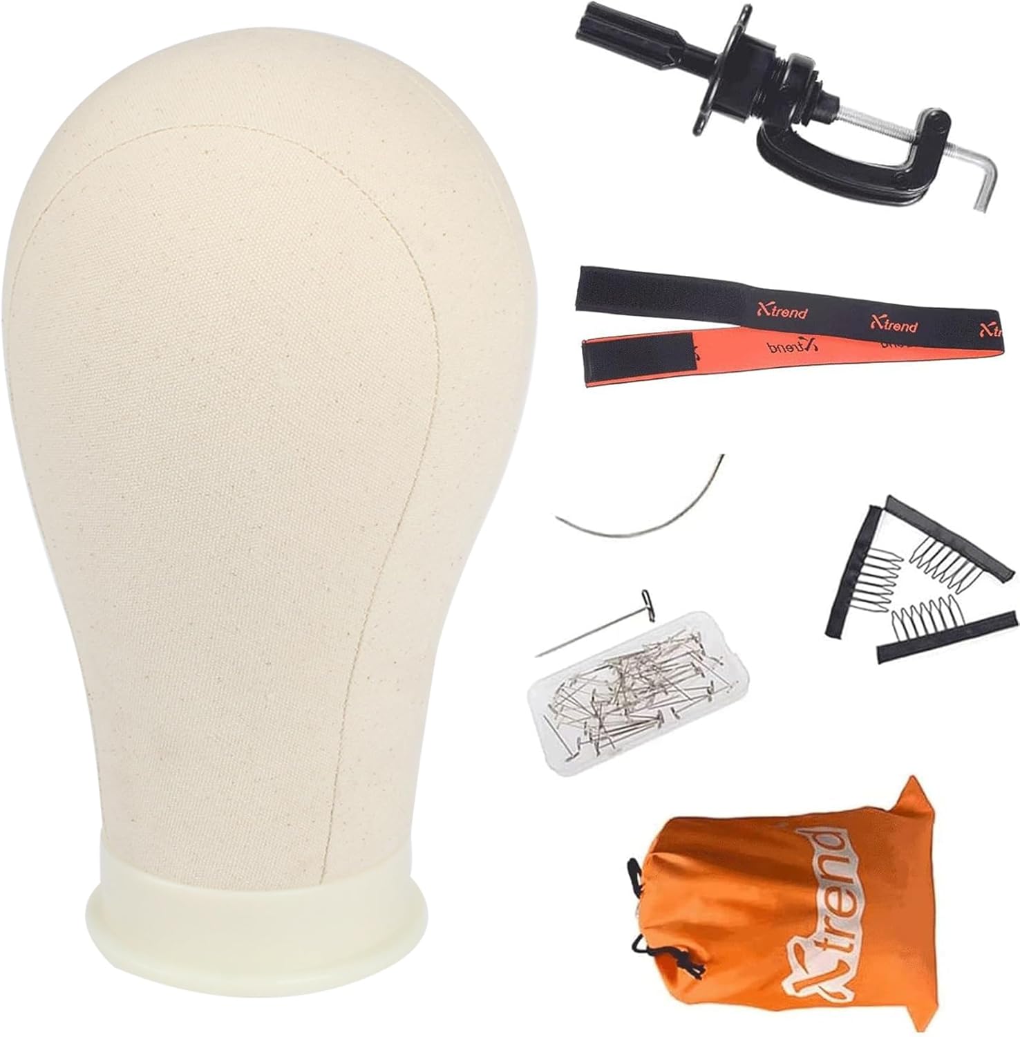 XTREND 21"-24" Canvas Wig Head Poly Manikin Head for Making/Drying/Styling Wigs Model Training Head Professional Mannequin Head with 20 Pcs T Pins and Clamp Stand 23 Inch