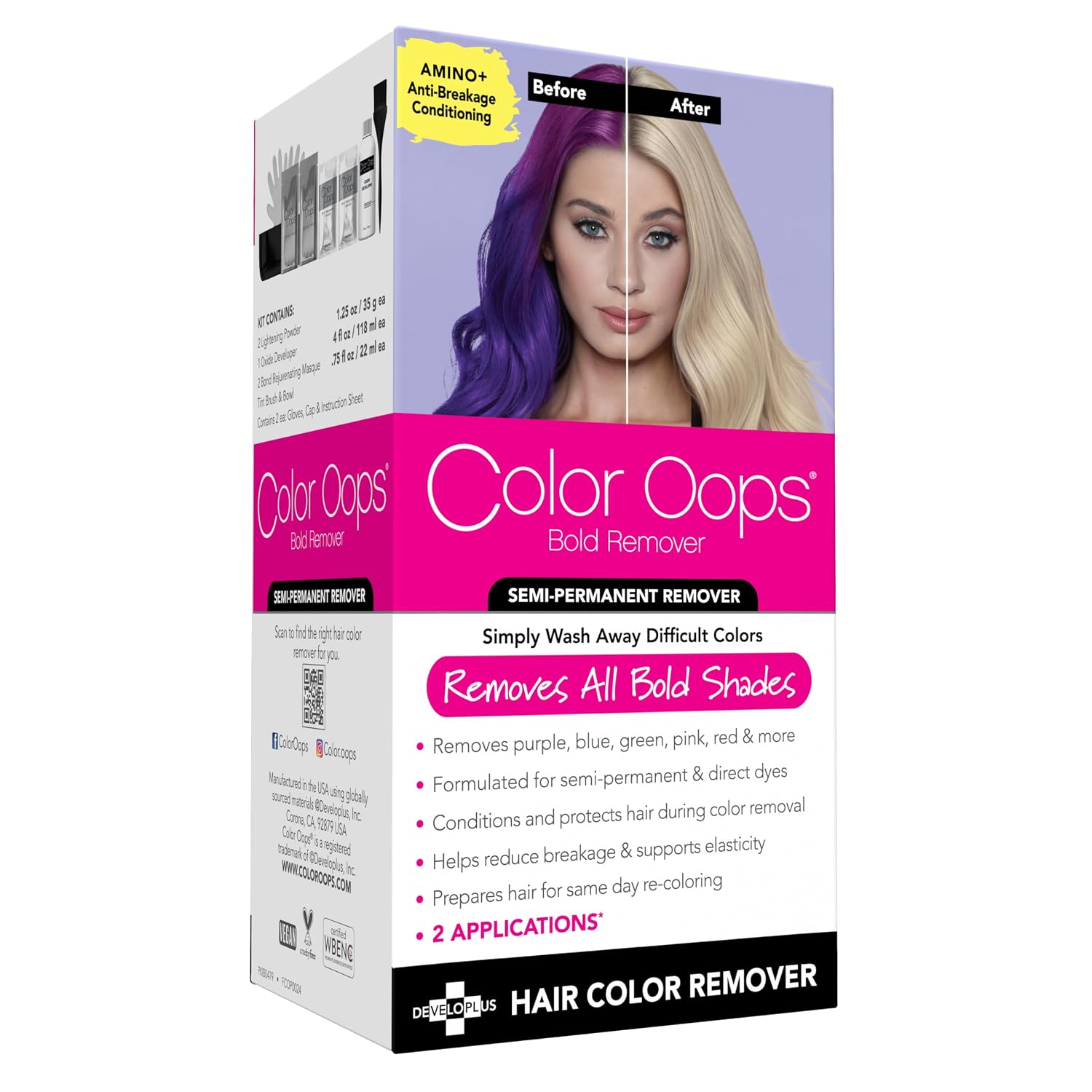 Color Oops Bold Remover, 2 Applications, Hair Dye Remover Safely Removes Direct Dyes and Semi Permanent Hair Color, Recolor The Same Day, Vegan & Cruelty Free