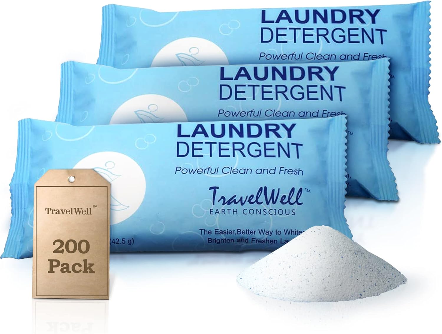 TravelWell Travel Laundry Detergent Powder Bulk - Individually Wrapped Multi Pack - 200 Packets (1.5 oz per bag) - Non Toxic AirBnb Supplies - For Clean & Fresh Clothes - Stain Remover Powder