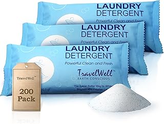 TravelWell Travel Laundry Detergent Powder Bulk - Individually Wrapped Multi Pack - 200 Packets (1.5 oz per bag) - Non Toxic AirBnb Supplies - For Clean & Fresh Clothes - Stain Remover Powder
