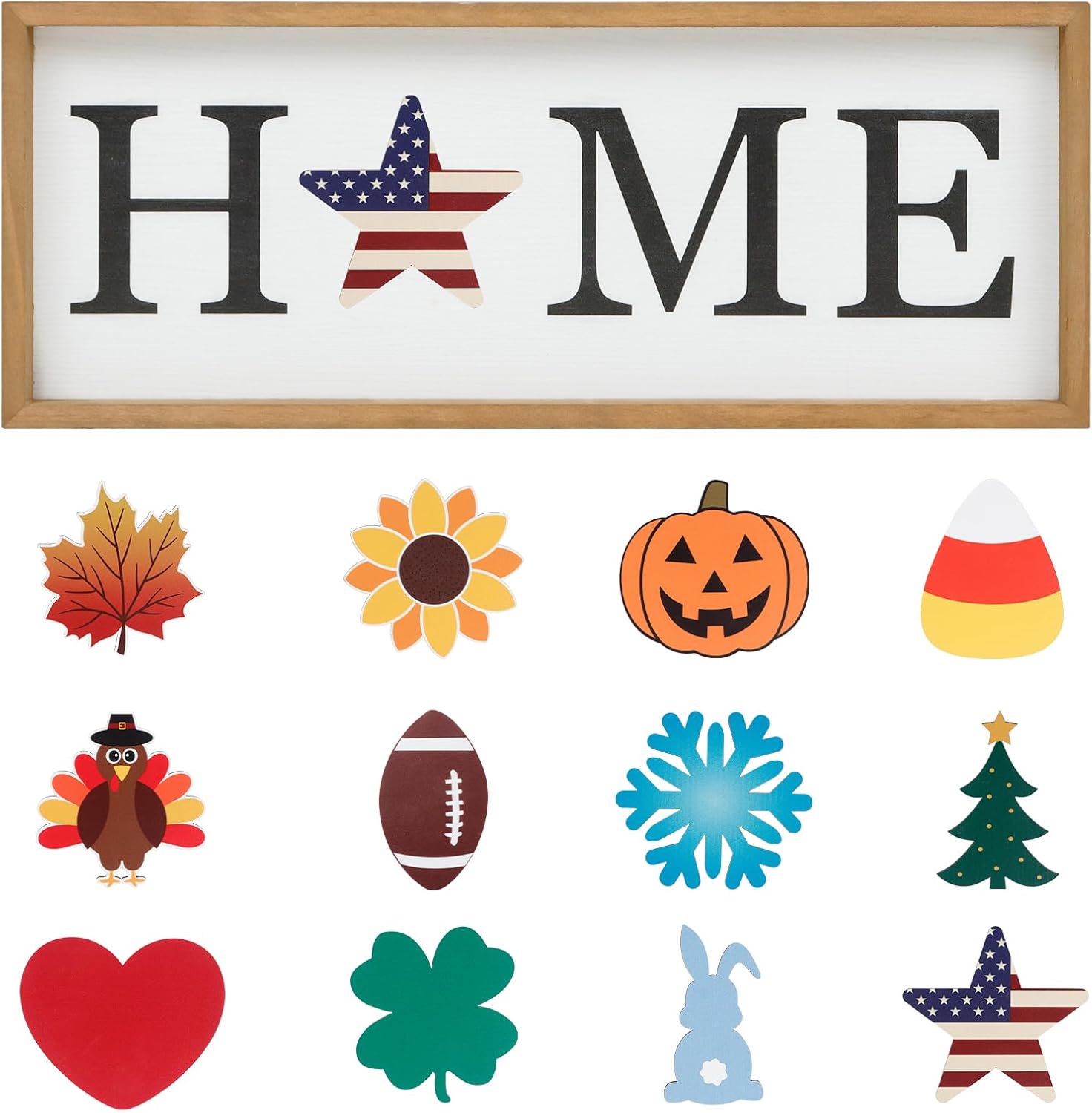 Interchangeable HOME Seasonal Tabletop Sign with 12 Pcs Seasonal Icons Wooden HOME Sign for All Seasons Shelf Mantel Windowsill Decor