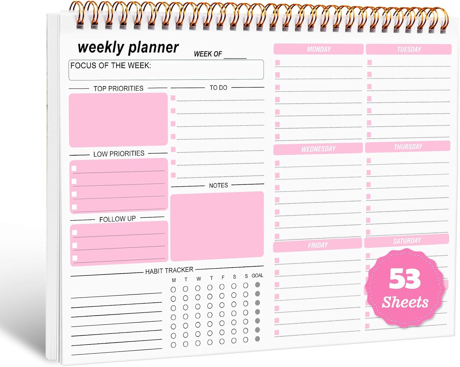 Weekly Planner Pad, 53 Page Tear Off To Do List Pad, B5 Weekly Planning Notepad Undated Weekly to View Planner Task Notes Scheduler for Work School Home Personal Organized (Pink)