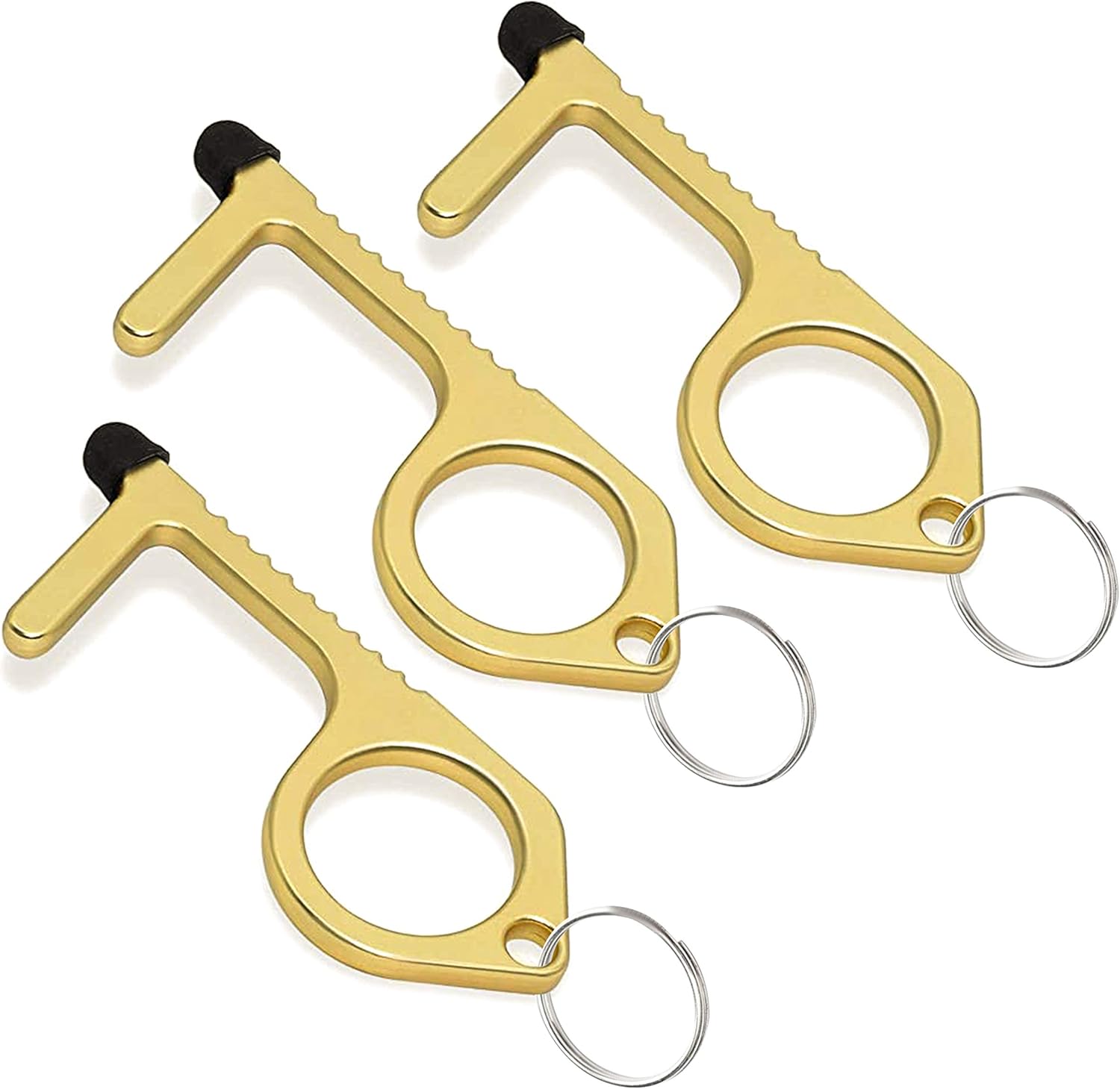Brass Door Opener Keychain Tool (Pack of 3) - Touchless Key for Opening Handles - Hook Button Pusher, Stylus & Key Ring - Handy Utility Tool for Safety and Hygiene - by Mobi Lock