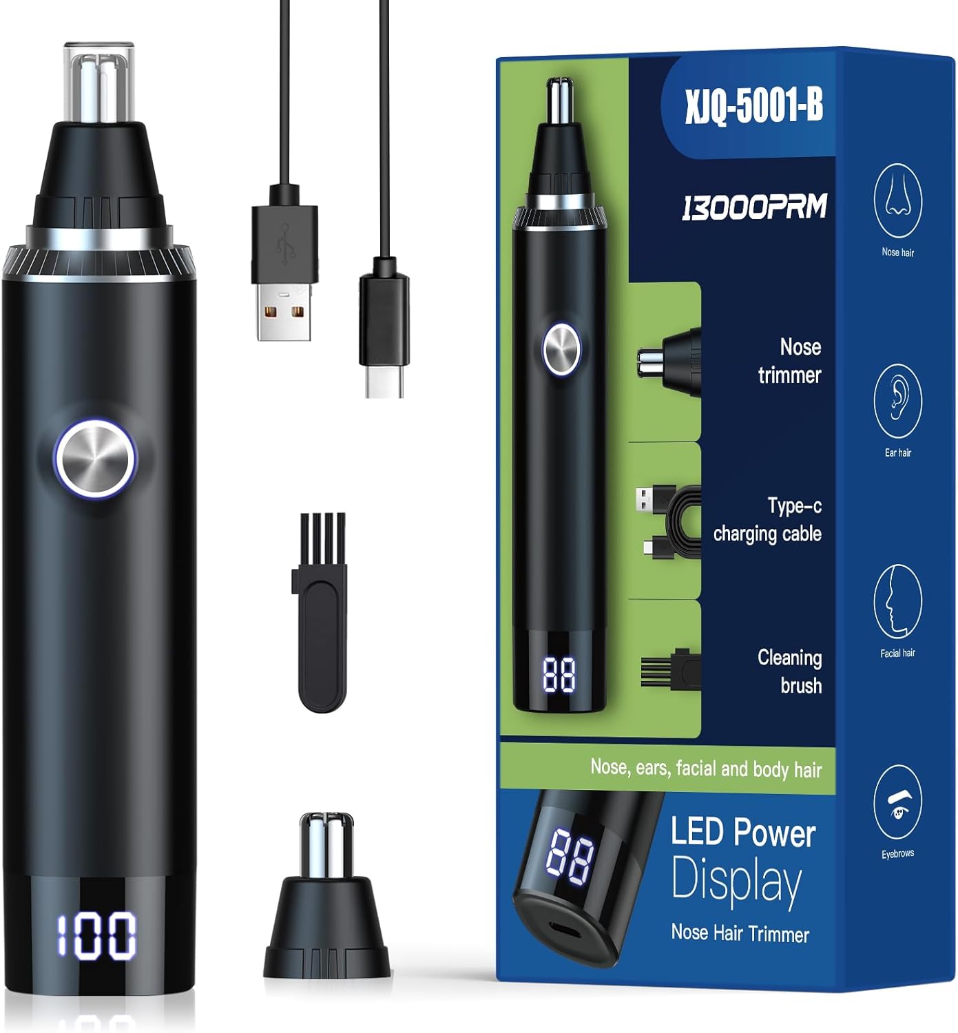 2025 Nose Hair Trimmer for Men Women with LED Light Digital Display,Painless USB Rechargeable Facial and Ear Hair Remover with Powerful Motor and Dual-Edge Blades Easy Clean 13000 RPM (Black)