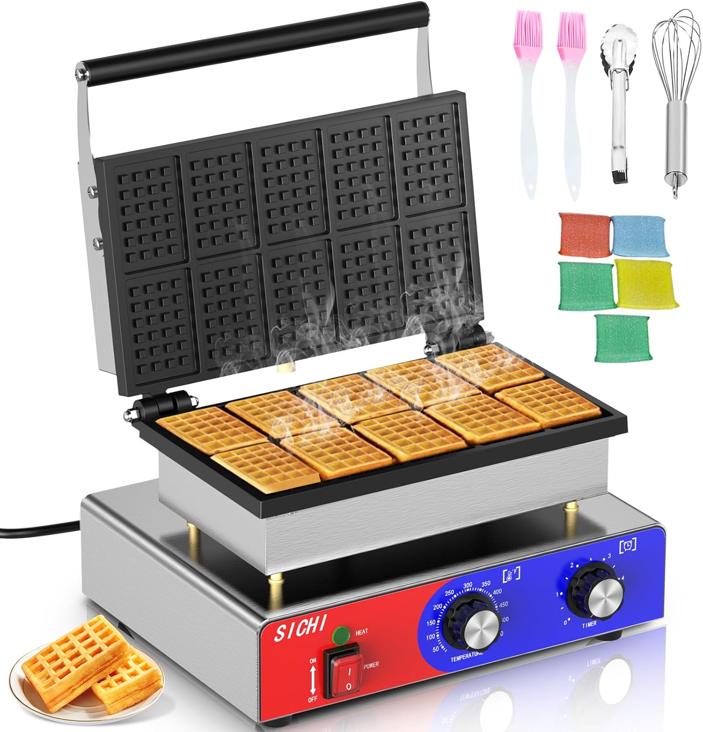Square Waffle Maker - Commercial Waffle Iron w/Non-stick Baking Pans, 550 ℉ Temperature and Timers, 1550W Hotel Waffle Machine for Double Baking, Professional Stainless Steel Waffle Maker