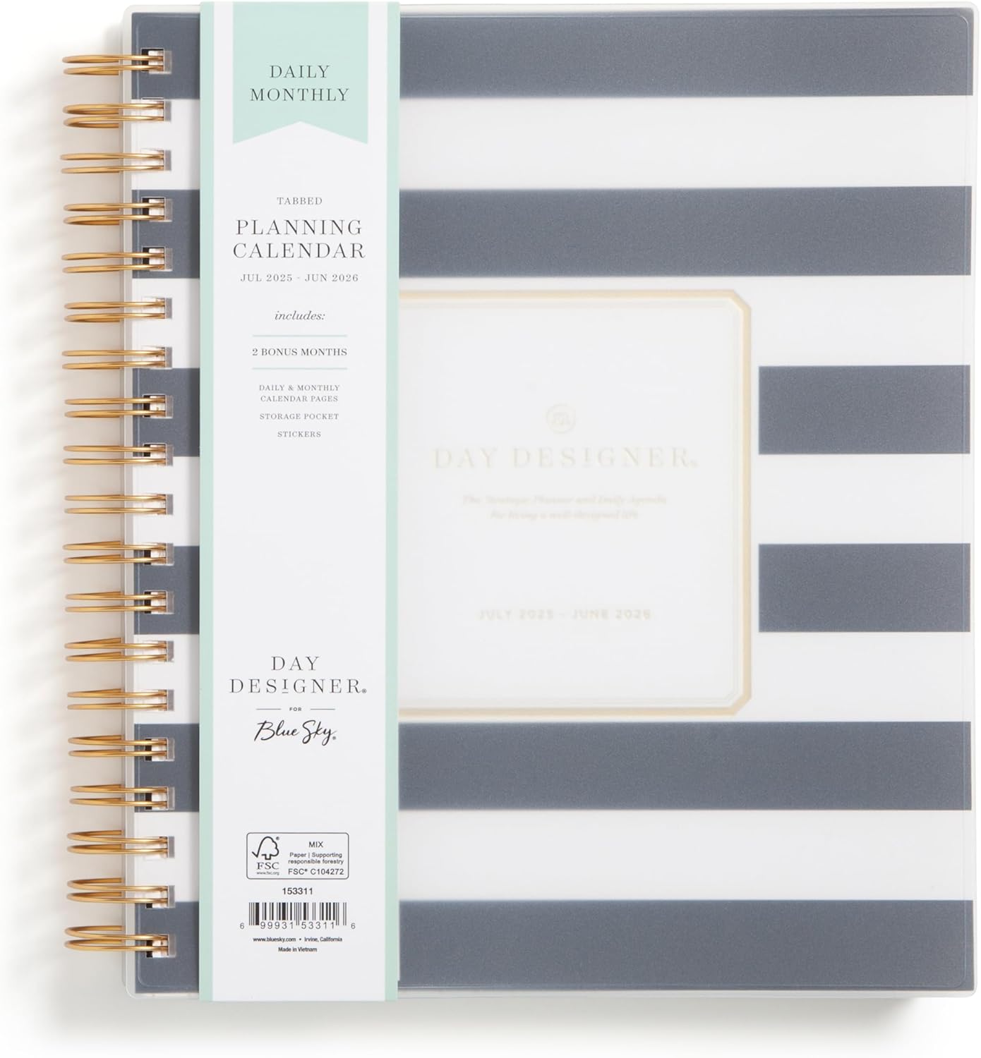 Blue Sky Day Designer 2025-2026 Daily and Monthly Academic Year Planner Calendar, July 2025 - June 2026, 8" x 10", Flexible Cover, Laminated Tabs, Storage Pocket, Includes Stickers, Black Stripe