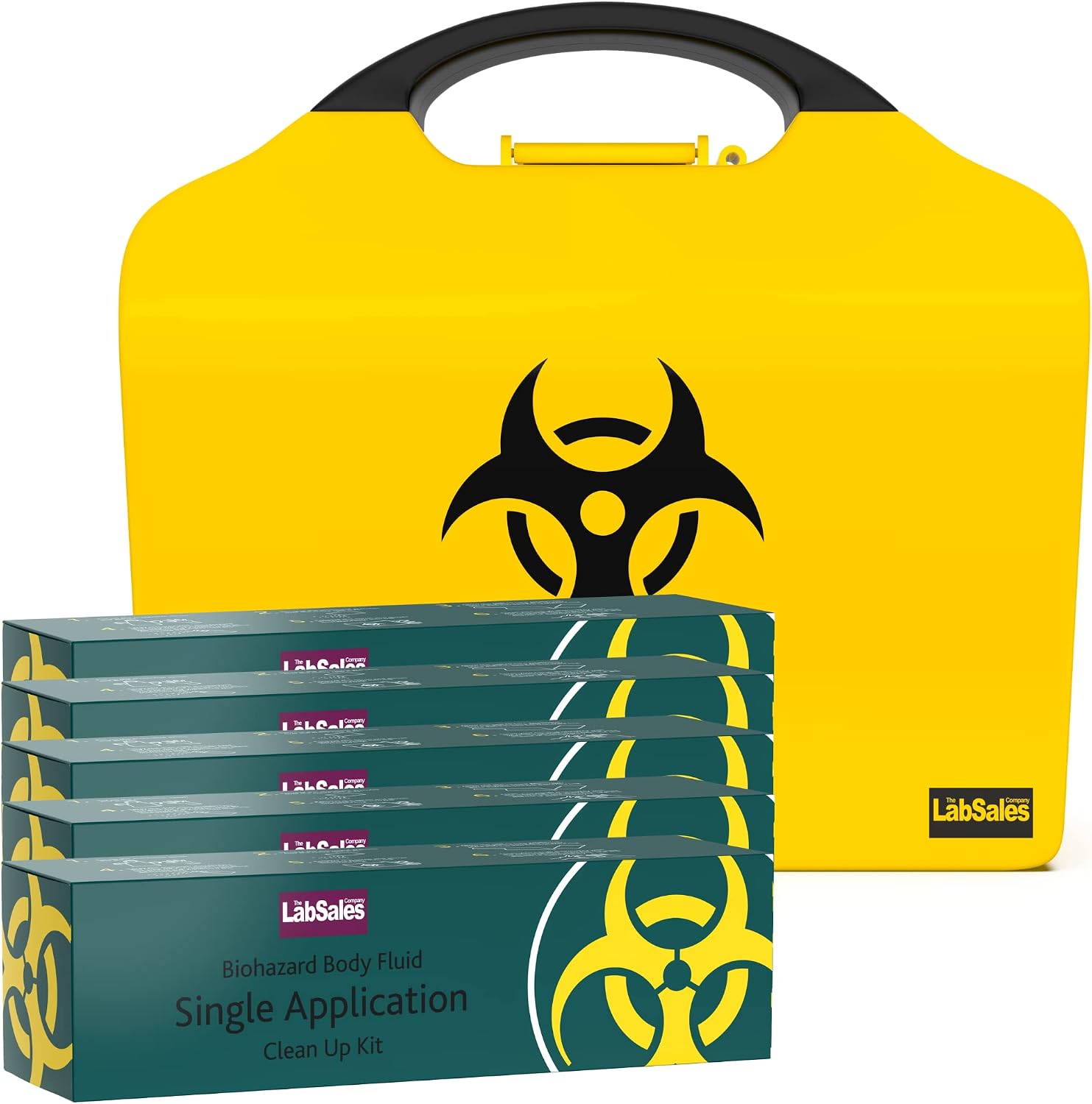 Labsales Wall Mountable Biohazard Spill Clean up kit, Body Fluid Emergency Kit for Vomit, Blood, Sick Urine and Mucus, Bright Stand Out Case Made from 100% Recycled Plastic, Case of 5 Kits