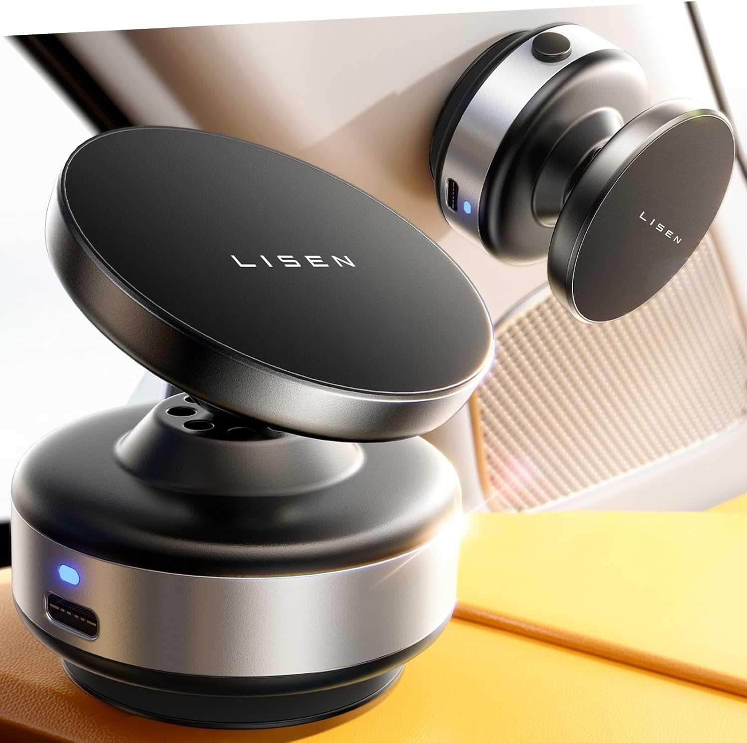 LISEN Suction Phone Mount, Mini Portable Super Stable Electric Vacuum Magnetic Phone Holder, 360° Adjustable Vlogging Travel Multi-Scene Use for iPhone 16e 16 Pro Max 15 14 13