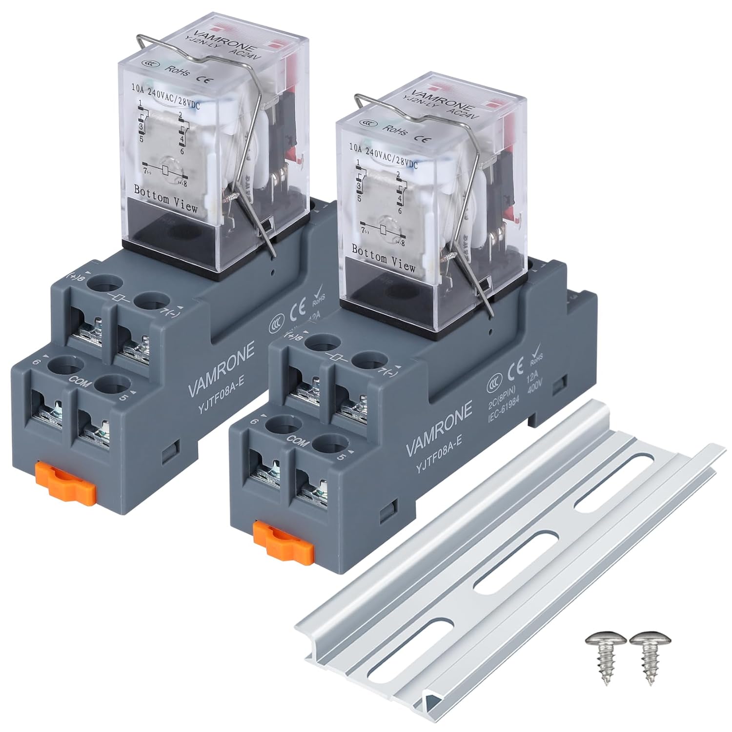 Electromagnetic Power Relay, 8-Pin 10 AMP 24V AC Relay Coil with Socket Base, LED Indicator, DPDT 2NO 2NC - MY4NJ 2PCS [Applicable for DIN Rail System]