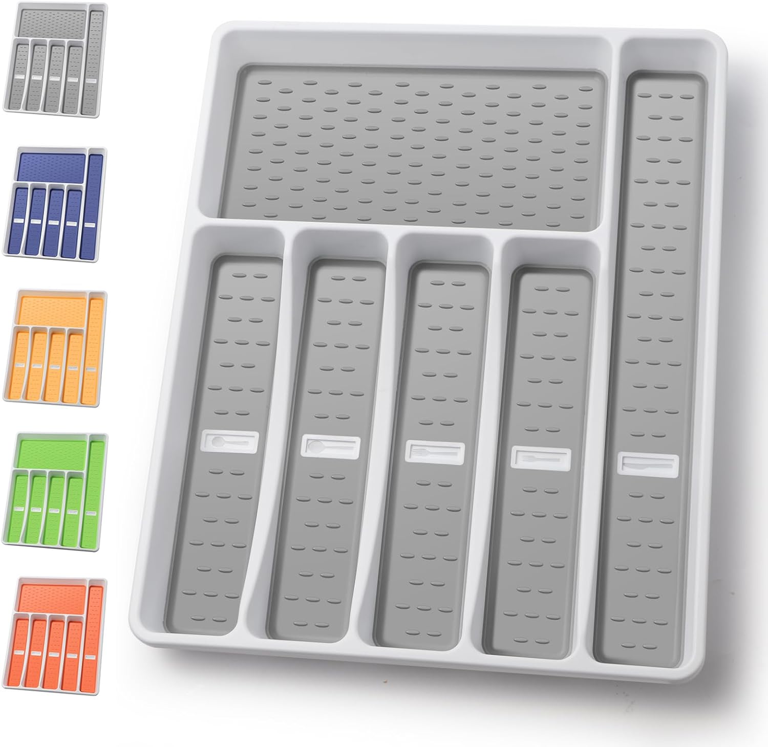 Silverware Organizer with Cutlery Icons,Silverware Tray for Kitchen Drawer,Plastic Flatware Tableware Silverware Drawer Organizer Utensil Organizer with Non-slip TPR Linings,6-Compartment