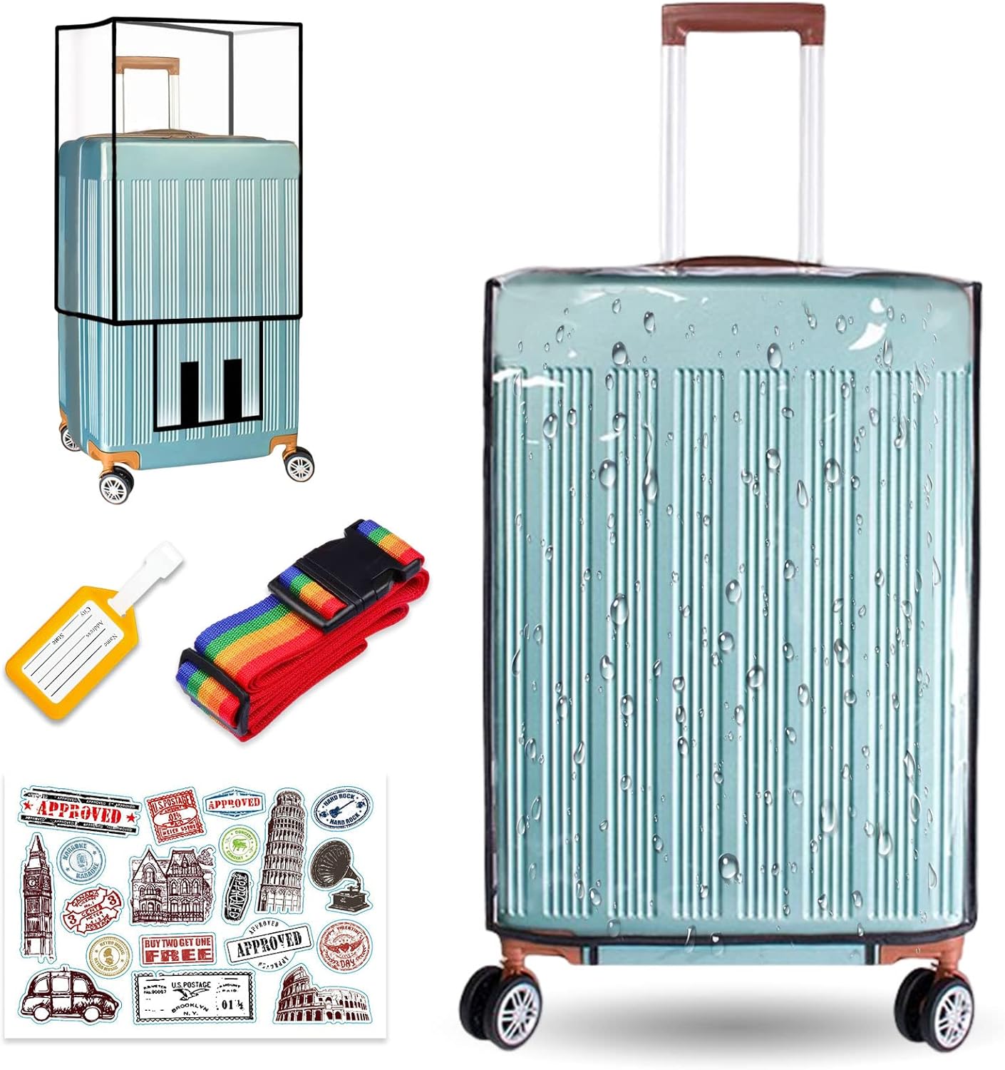 Luggage Cover Protector Bag, Clear PVC Suitcase Cover with Luggage Strap, Tags and Stickers, Waterproof Dustproof Luggage Protector Case for Wheeled Suitcase Luggage Travel Trip Daily Using