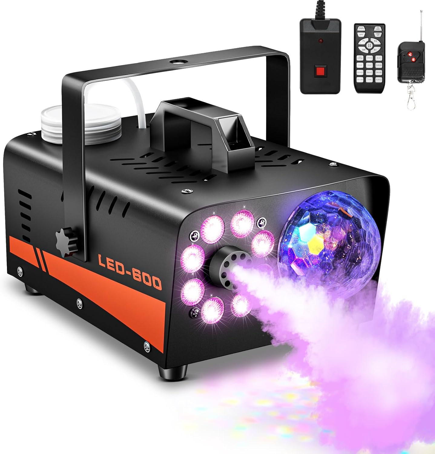 Smoke Machine, Fog Machine with Disco Ball Lights, 600W and 3000CFM with 13 Colorful LED Lights Effect, Wireless Remote Control, Suitable for Indoor, Wedding, Parties, Halloween, and DJ Stage