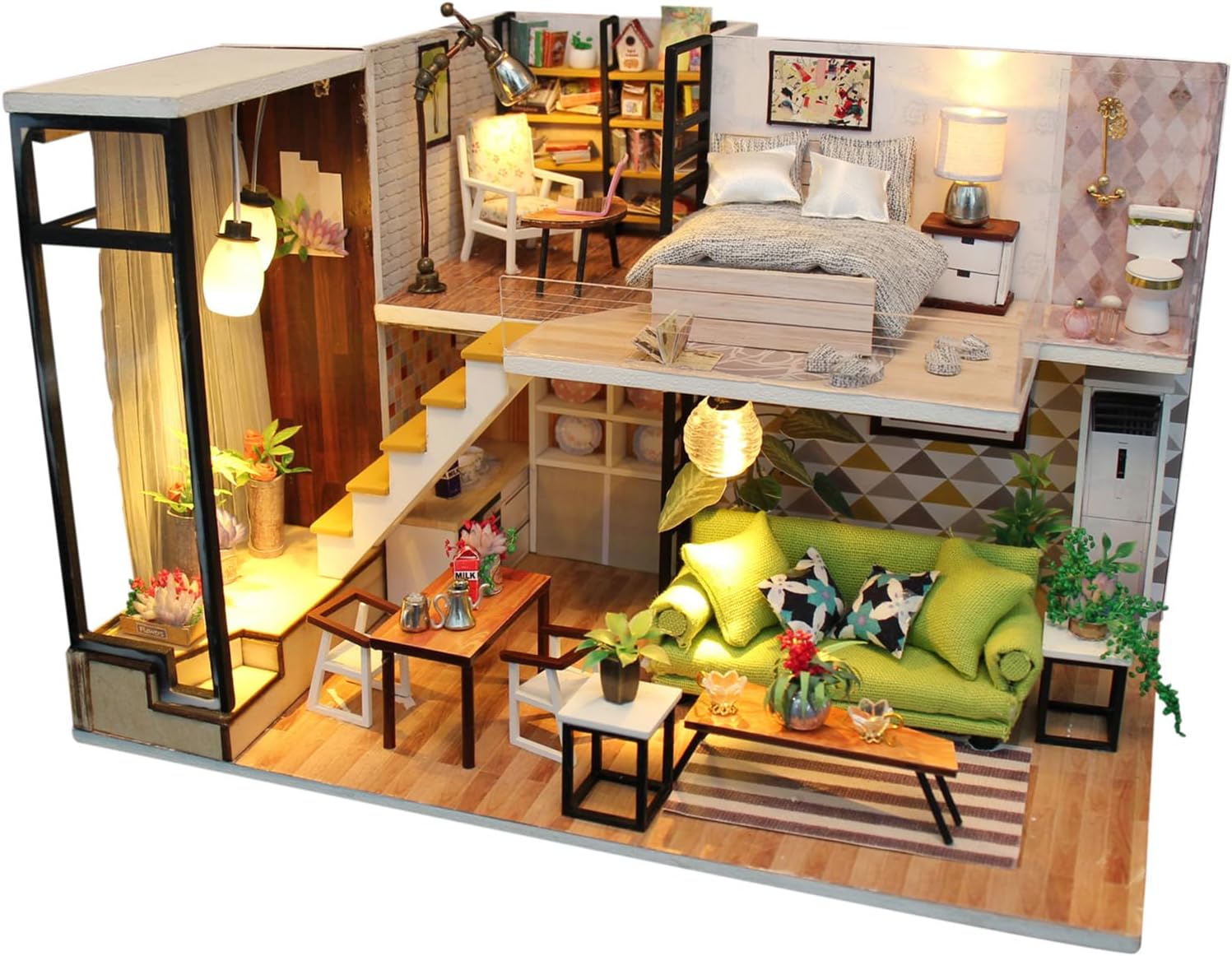 SICSHTOP DIY Miniature Dollhouse Kit-Duplex Cosy Cottage, 3D Puzzle House Model Building Kits with Furniture Accessories and LED Light, Insert Decor Crafts for Adults to Build