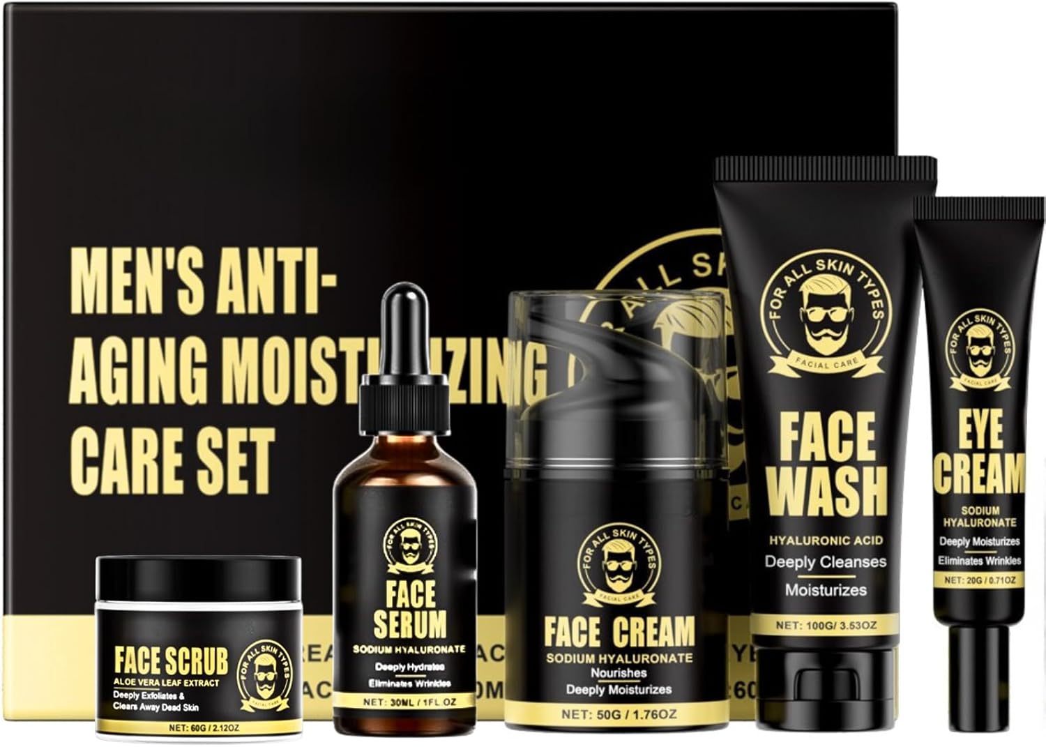5PCS Men's Anti-Aging Care Set - Mens Skin Care Sets & Kits - Mens Face Cream, Face Wash & Scrub, Eye Cream, Anti Wrinkle Serum- Gifts for Men -Moisturiser For Men Day & Night