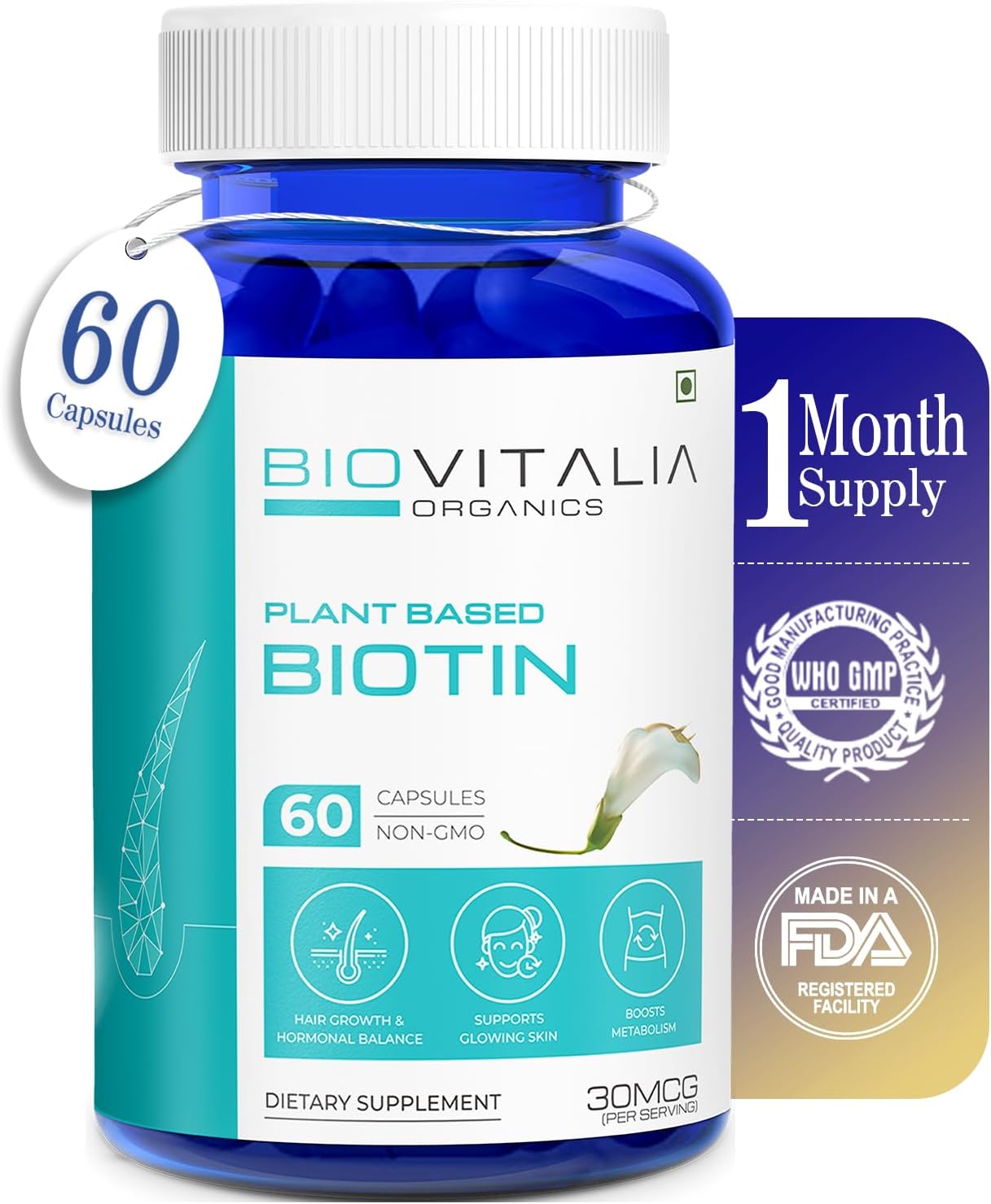 BIOVITALIA Plant Based Biotin Capsules Hair Vitamin B7 Supplement Helps Promote Hair & Nail Support Skin Health Enriched with Bamboo Extract & Vitamin C for Women Men - 60 Capsule