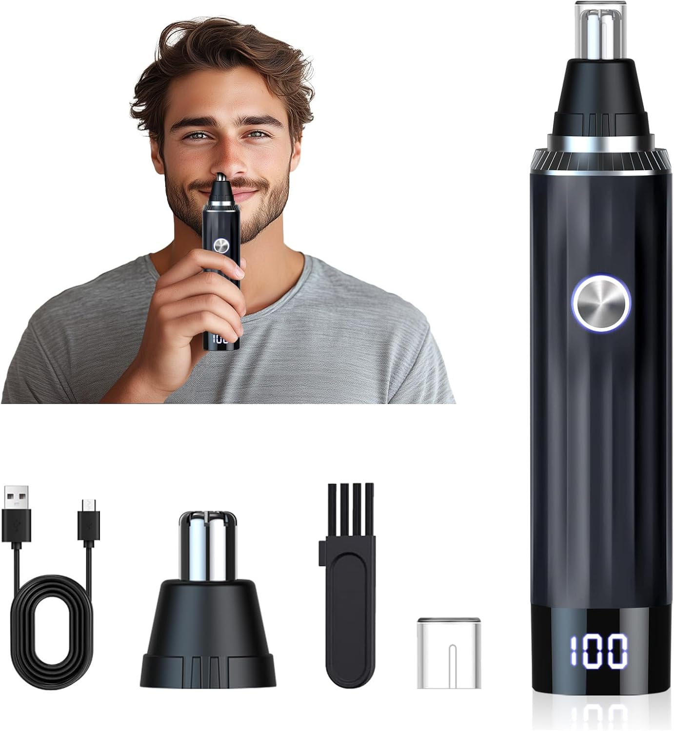 Ear and Nose Hair Trimmer for Men Women with LED Light Digital Display,Painless USB Rechargeable Facial Hair Remover with Powerful Motor and Dual-Edge Blades Easy Cleansing 12000 RPM (Black)