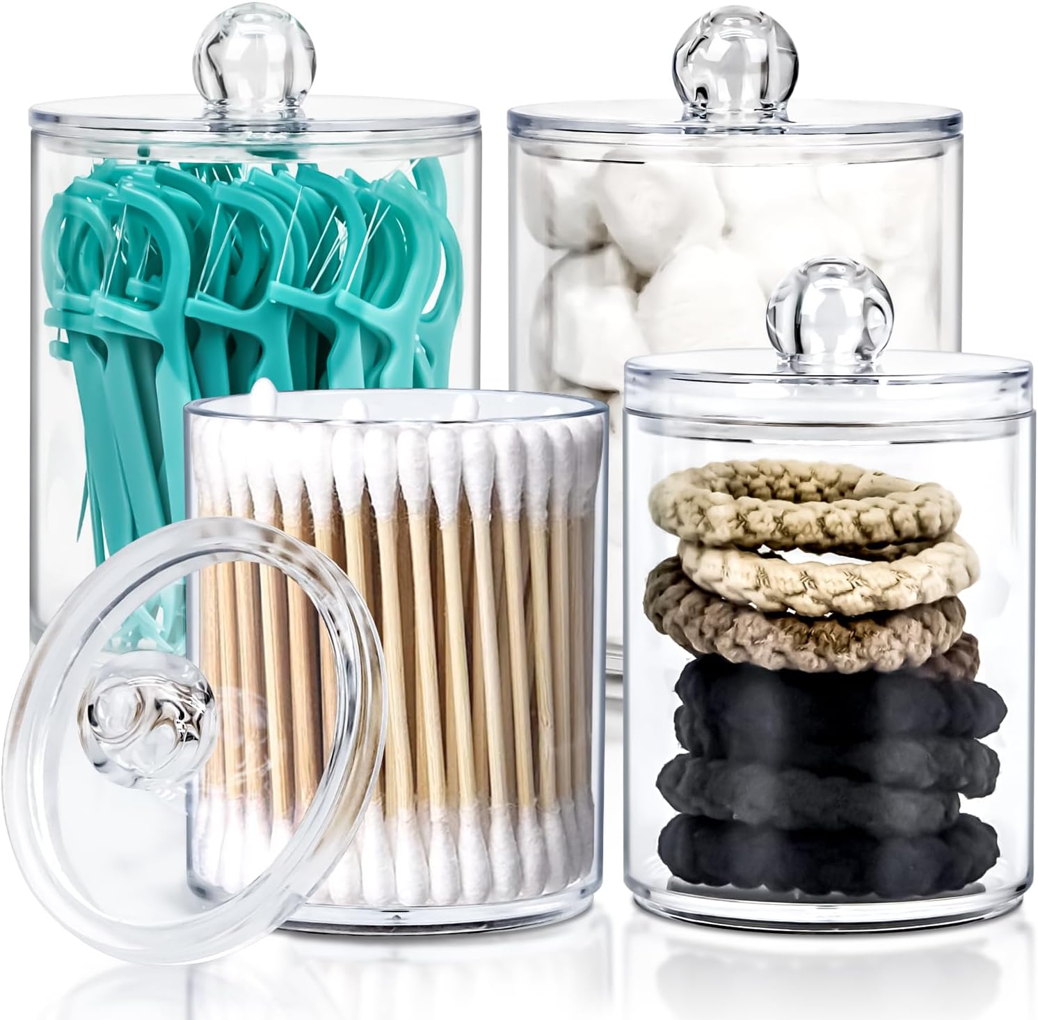 SZHLUX 4-Pack Qtip Dispenser for Floss Picks, Cotton Swabs, Cotton Balls, Cotton Rounds - Small Clear Plastic Storage Jars Set for Bathroom Organization, Vanity Makeup Organizer