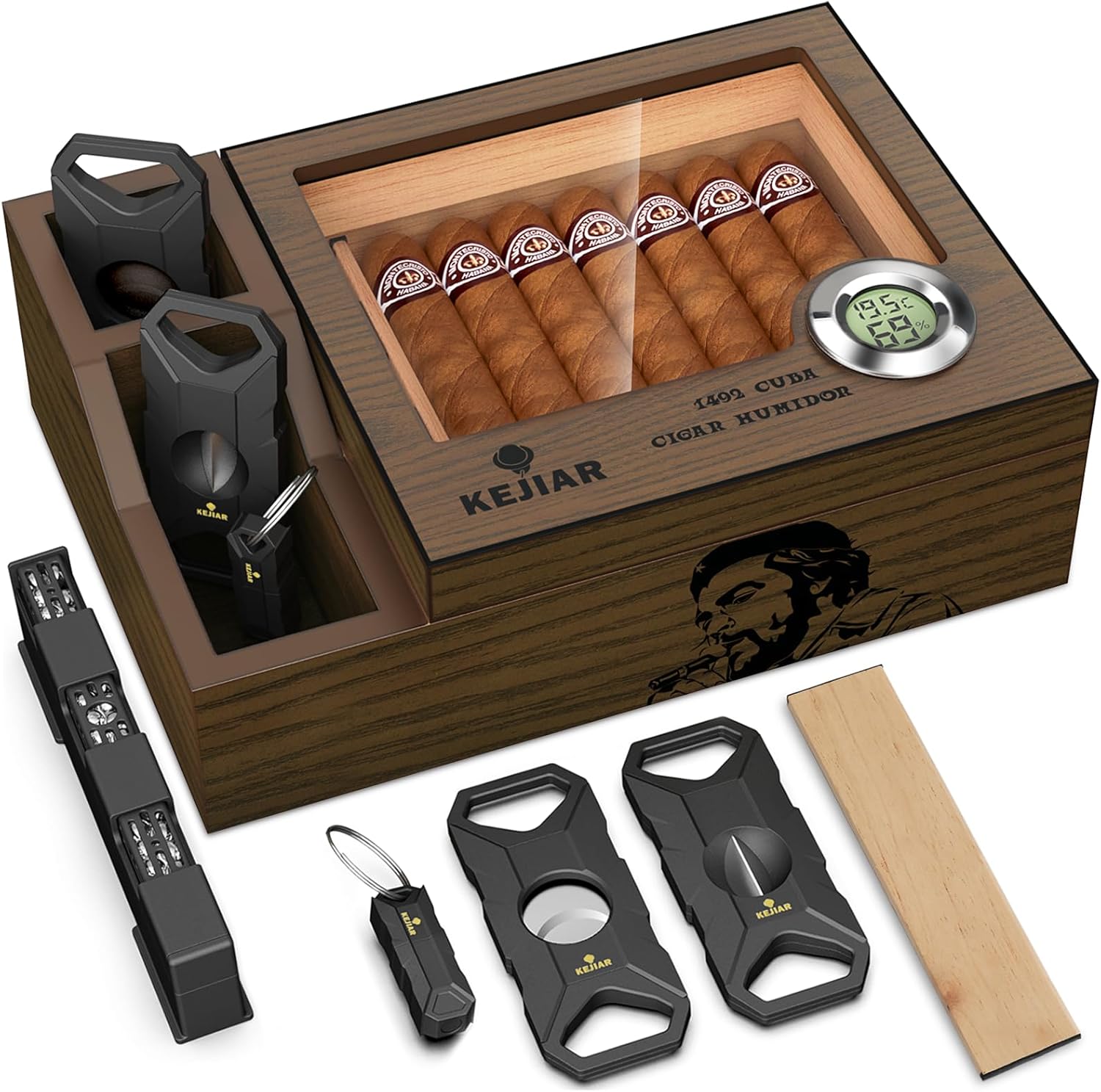 Cigar Humidor with 2 Side Cigar Accessories Boxes,Glass Top Cedar Small Cigar Humidor with Cigar Cutter,V-Cutter, Humidifier and Digital Hygrometer, Cigar Gifts for Men