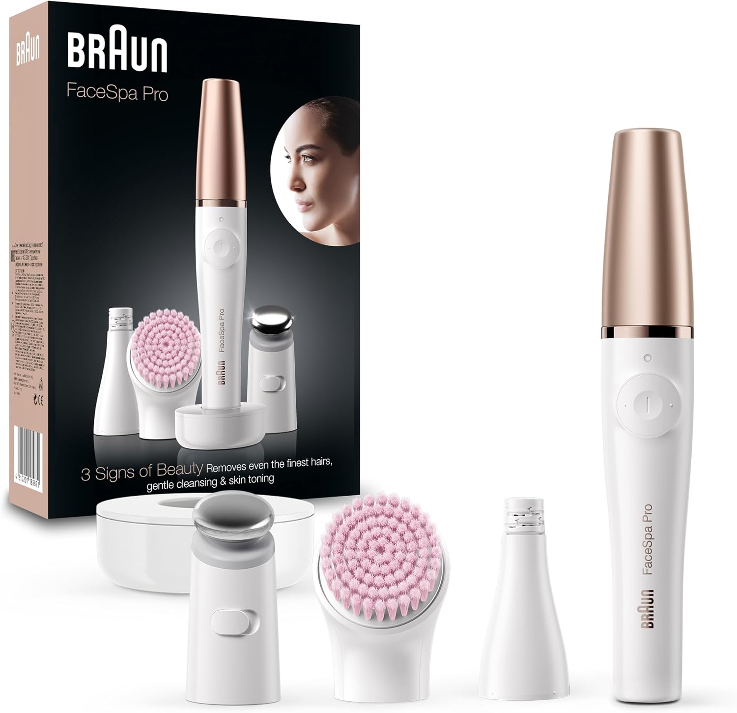 Braun FaceSpa Facial Epilator for Women, SE912, White/Bronze - Facial Hair Removal, Cleansing Brush Head, Toning Head, Charger Stand, Wet & Dry Use