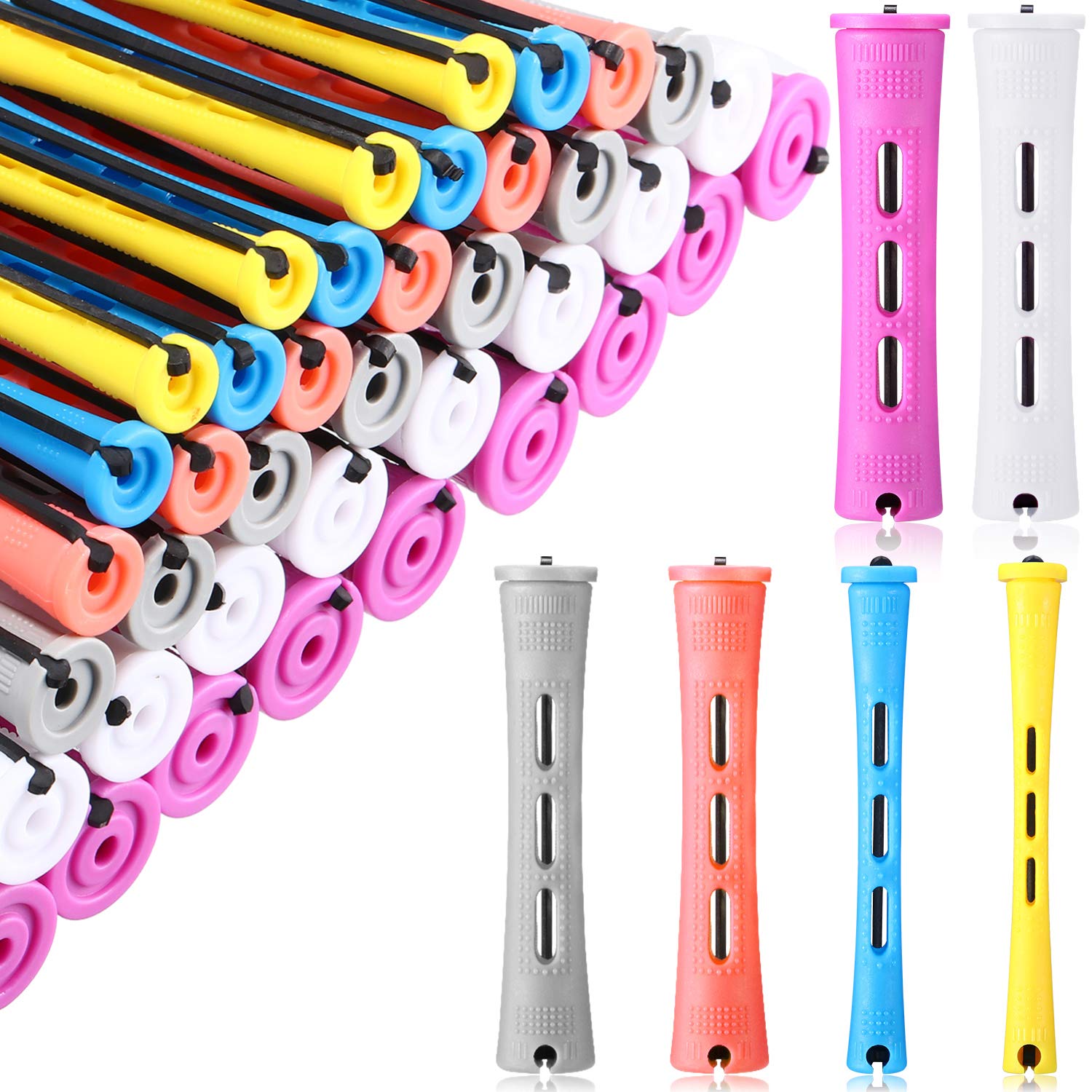 WILLBOND 60 Pcs Perm Rods Natural Long Short Hair Perm Rods with Elastic Rubber Band Non Slip Plastic Perming Cold Wave Kit for Women Hairdressing Styling Tool(Multi-size,Mixed Color)