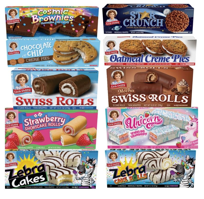 Little Debbie Variety Pack Ultimate Snack Bundle - 1 box each of Cosmic Brownie, Star Crunch, Chocolate Chip Creme Pie, Oatmeal Creme Pie, Swiss Roll, Mocha Swiss Roll, Strawberry Shortcake Rolls, Unicorn Cake, Zebra Cakes and Zebra Cake Rolls - 92 Pieces Assortment