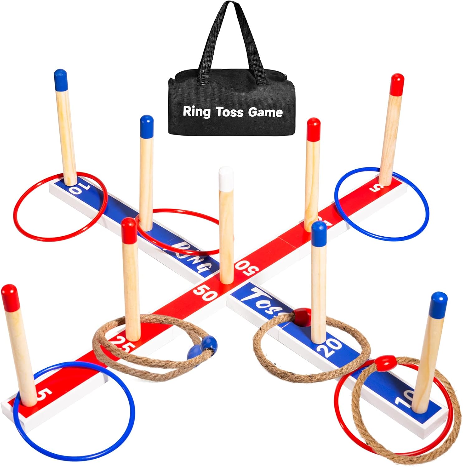 U&C Planet Large Quoits,10 Pcs Ropes &10 Pcs Plastic Rings with Carry Bag, Wooden Ring Toss Game for Kids and Adults