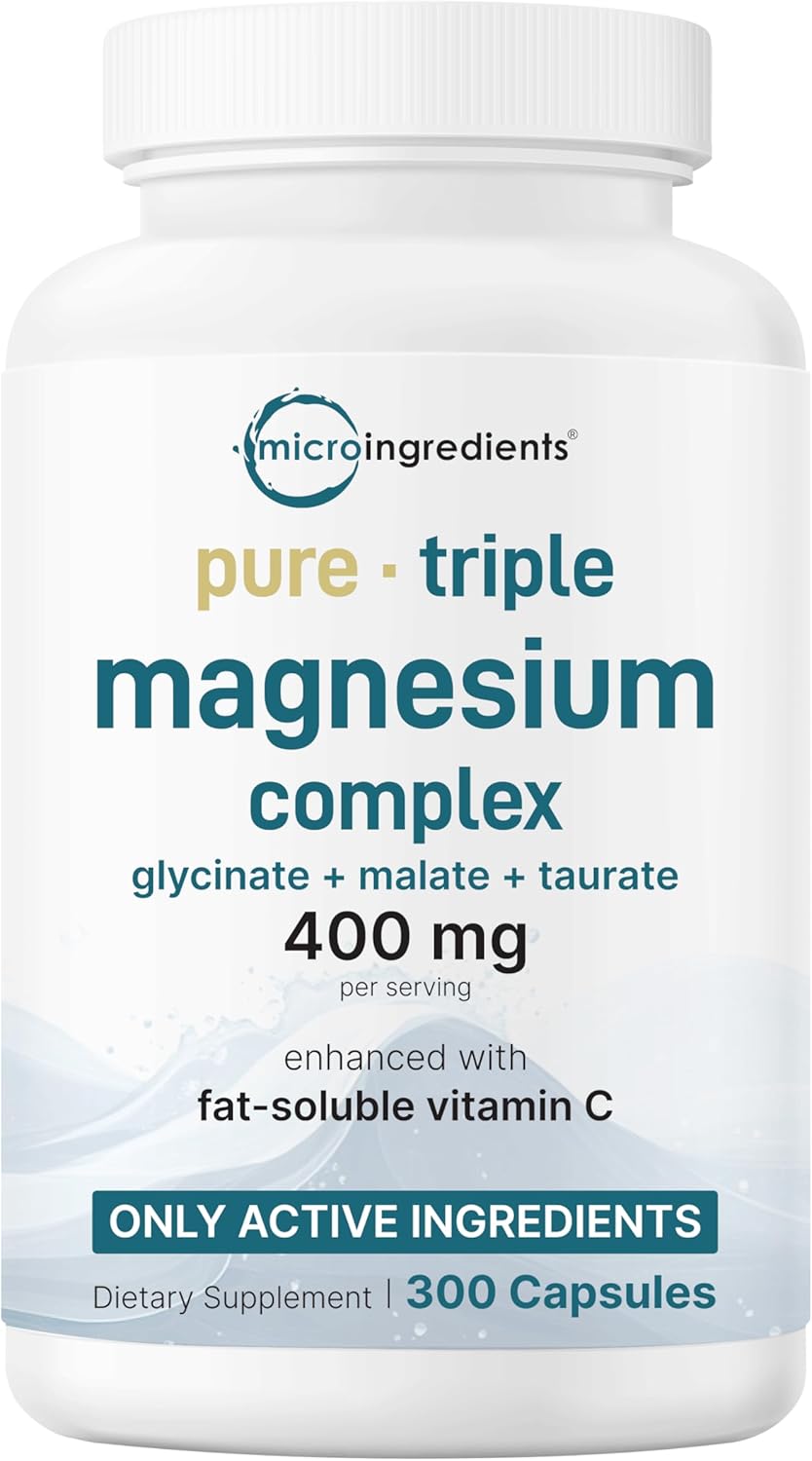 Pure Triple Magnesium Complex, 300 Capsules | 400mg of Magnesium Glycinate, Malate, Taurate with Vitamin C | Only Uses Active Ingredients | Filler Free Supplement | 100% Chelated