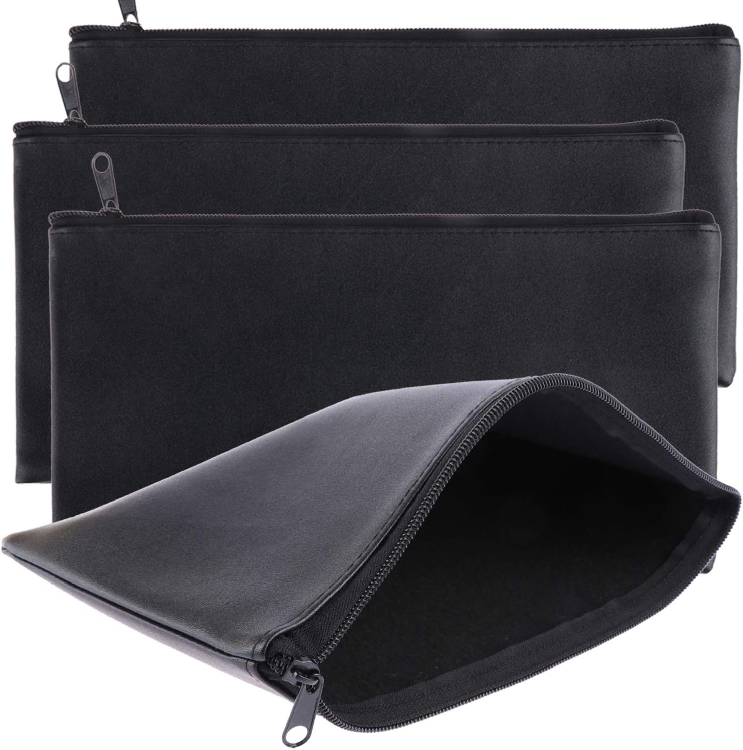Bank Bag Money Pouch Leatherette Security Deposit Bags Utility Zipper Bags for Cash Money,Check Wallet,Cosmetics,Tools, 11x 6 inch 4 Pack (Black)